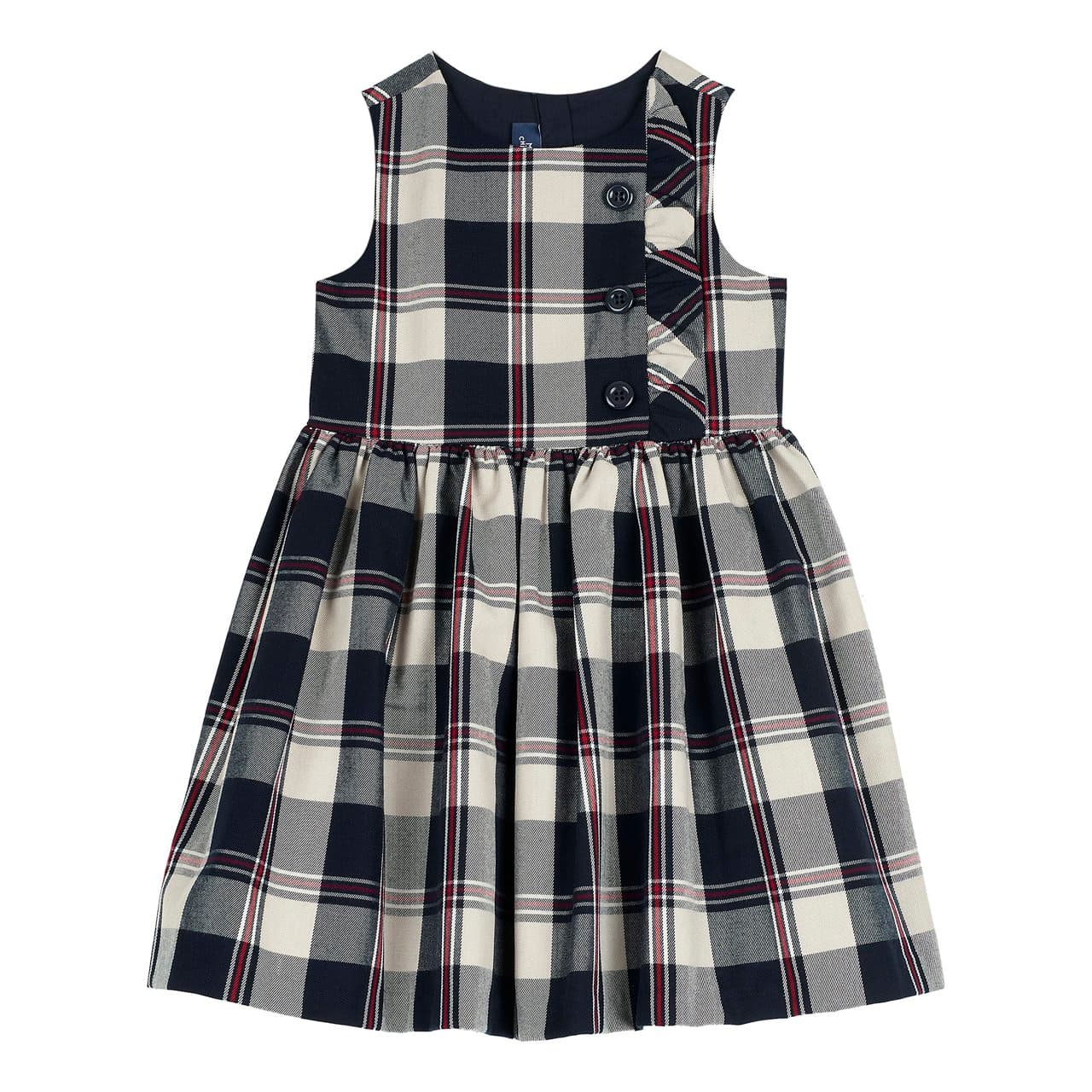 Vestito smanicato Chicco da bambina in flanella tinto filo con fantasia scozzese blu, finta apertura frontale con bottoni lucidi e dettaglio rouche. | Chicco
