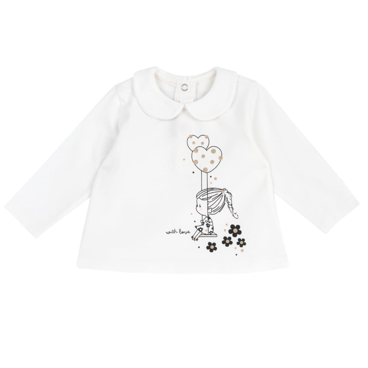 Maglietta a manica lunga Chicco bianca in jersey elasticizzato per bambina, con collo baby, stampa glitterata di bambina e palloncini, e chiusura posteriore con bottoncini automatici. | Chicco