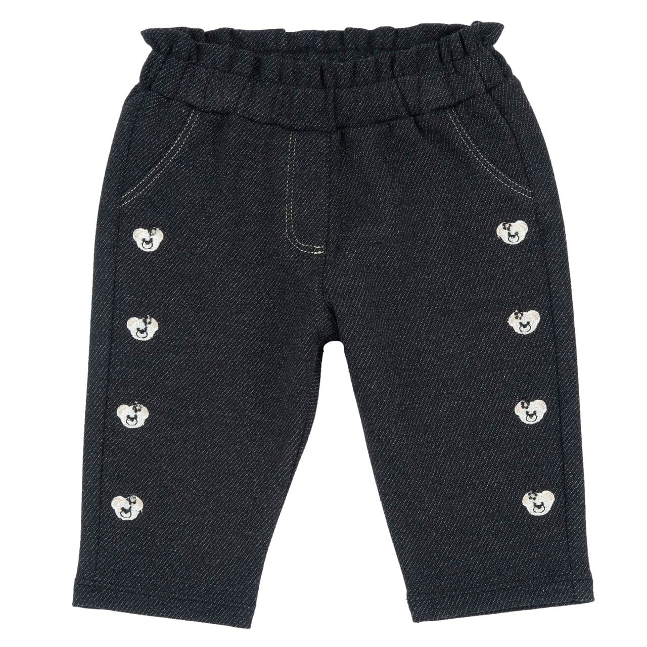 Pantaloni lunghi neri Chicco da bambina con vita elasticizzata e ricami di orsetti sui lati, ideali per l'autunno/inverno. | Chicco