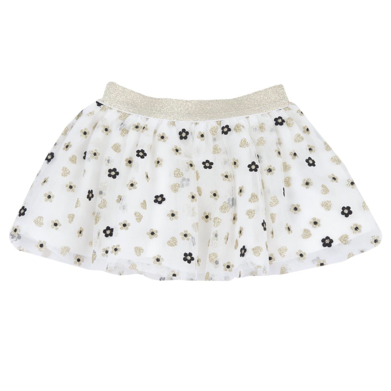 Gonna da bambina Chicco in jersey elasticizzato e tulle bianco luminoso con stampa di fiori e cuori glitterati, vita elasticizzata e fascia luminosa, ideale per autunno/inverno. | Chicco