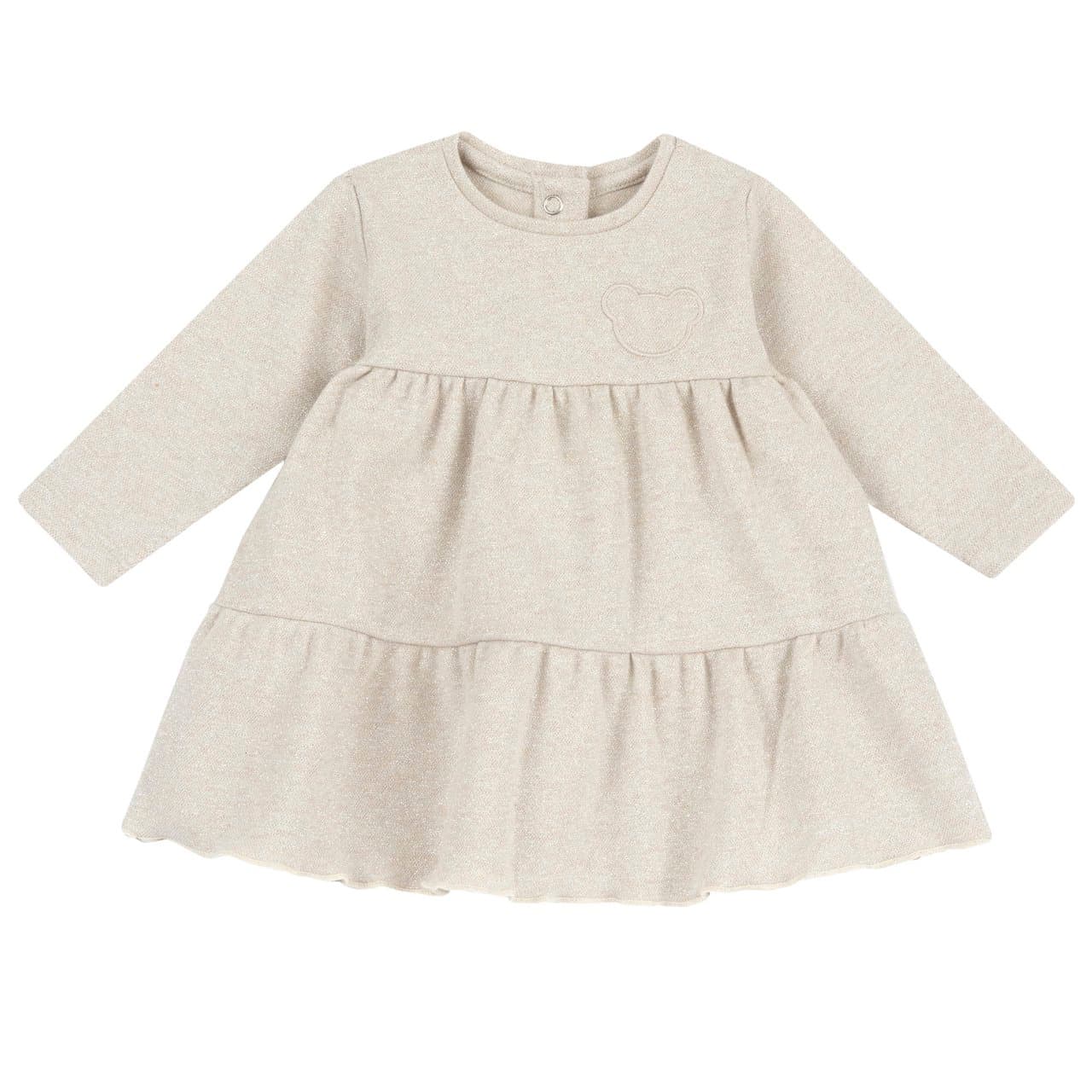 Vestito Chicco a manica lunga bianco per bambina in interlock con effetto luminoso, ricamo orsetto e bottoncini automatici posteriori. | Chicco