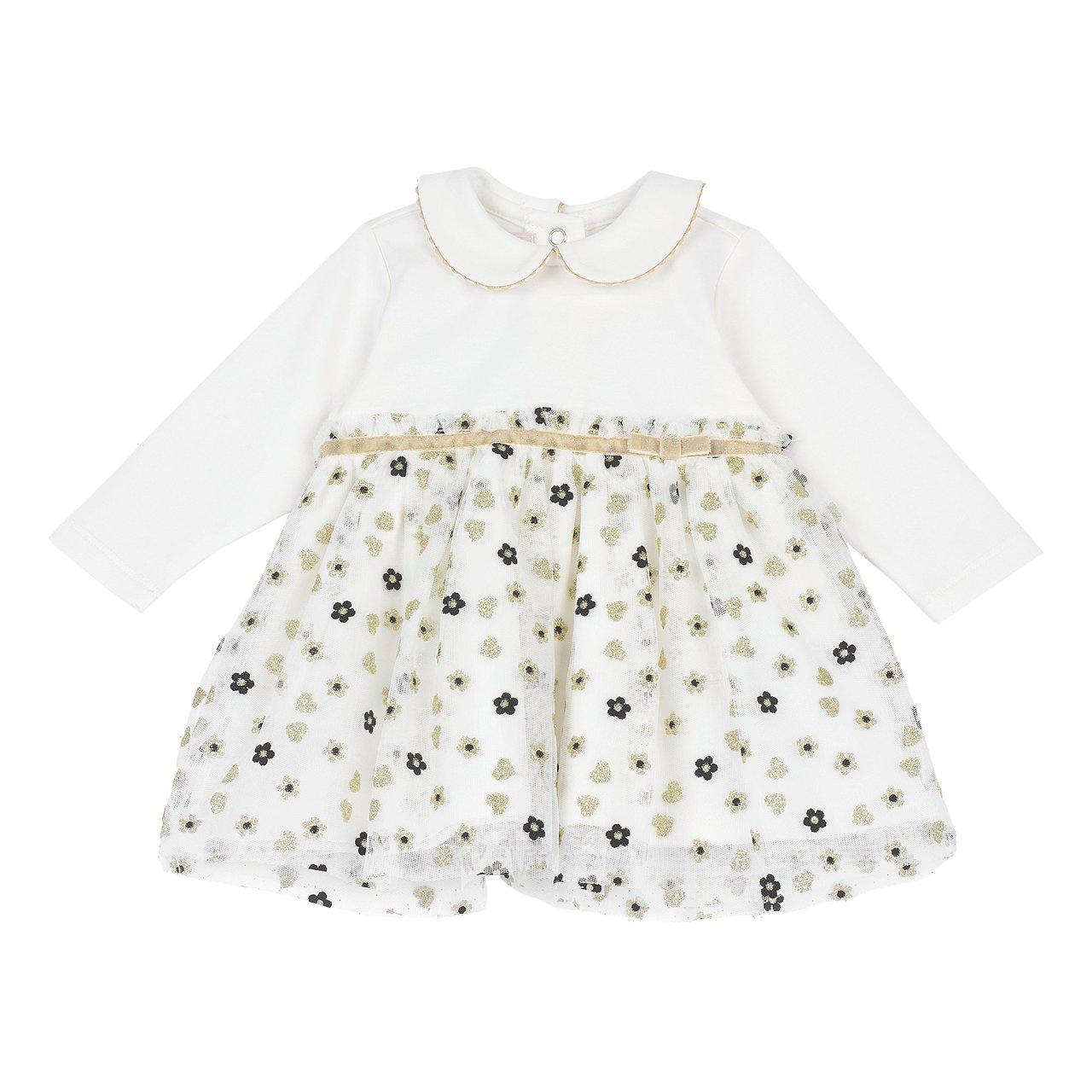 Vestito Chicco bianco a manica lunga per bambina con stampa di fiori e cuori glitterati, gonna in tulle luminoso e dettagli in velluto. | Chicco