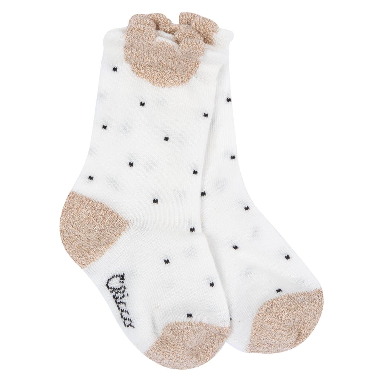 Calzini gambaletto jacquard Chicco da bambina bianchi con pois e orsetto effetto luminoso, ideali per autunno/inverno. | Chicco