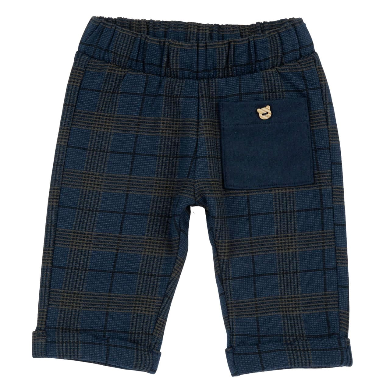 Pantaloni lunghi Chicco blu in felpa garzata 100% cotone con motivo quadretto, tasca frontale e vita elasticizzata, ideali per bambino. | Chicco