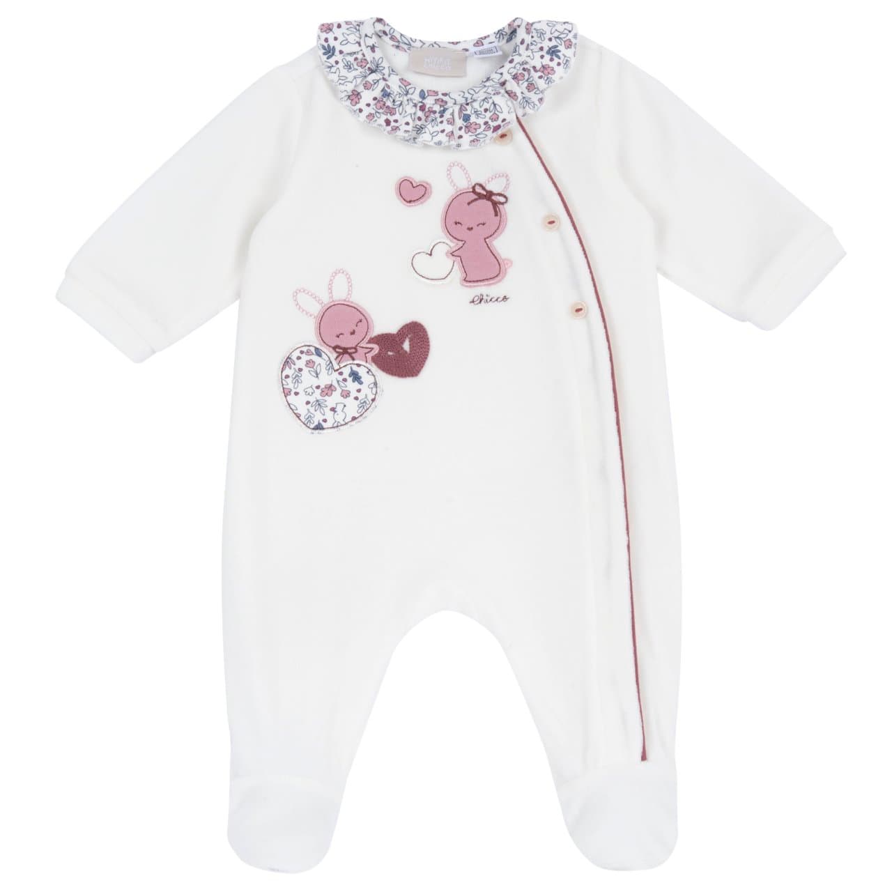 Tutina aperta davanti Chicco per bambina in ciniglia bianca con grafica, applicazioni e ricami, ideale per autunno/inverno, con collo floreale e chiusura bottoncini automatici. | Chicco
