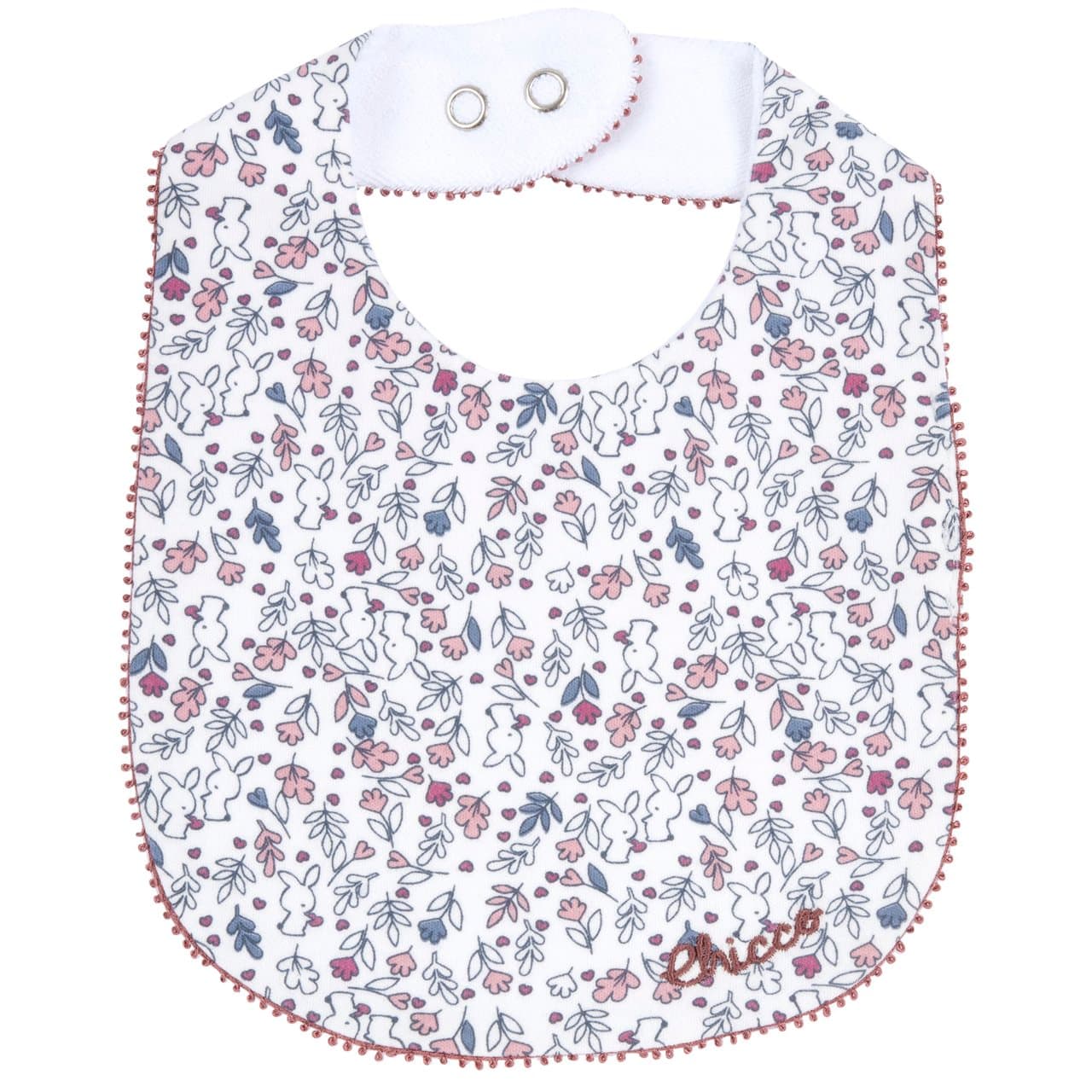 Bavaglino Chicco beige con ricamo floreale e grafica, foderato in spugna di cotone, ideale per bambina autunno/inverno. | Chicco