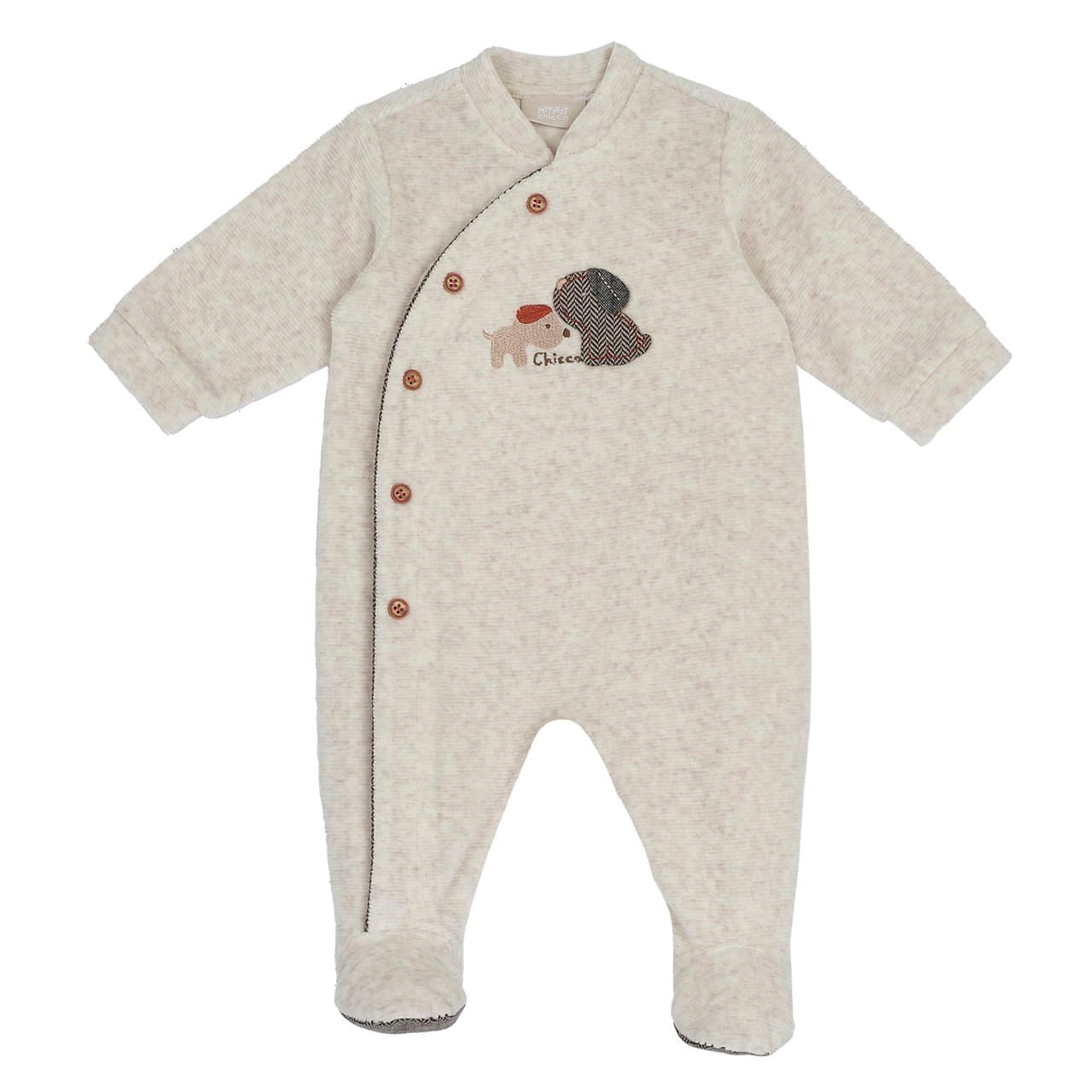 Tutina Chicco aperta davanti in ciniglia bianca a coste con motivo spigato, grafica con applicazione e ricamo, ideale per neonati autunno/inverno. | Chicco