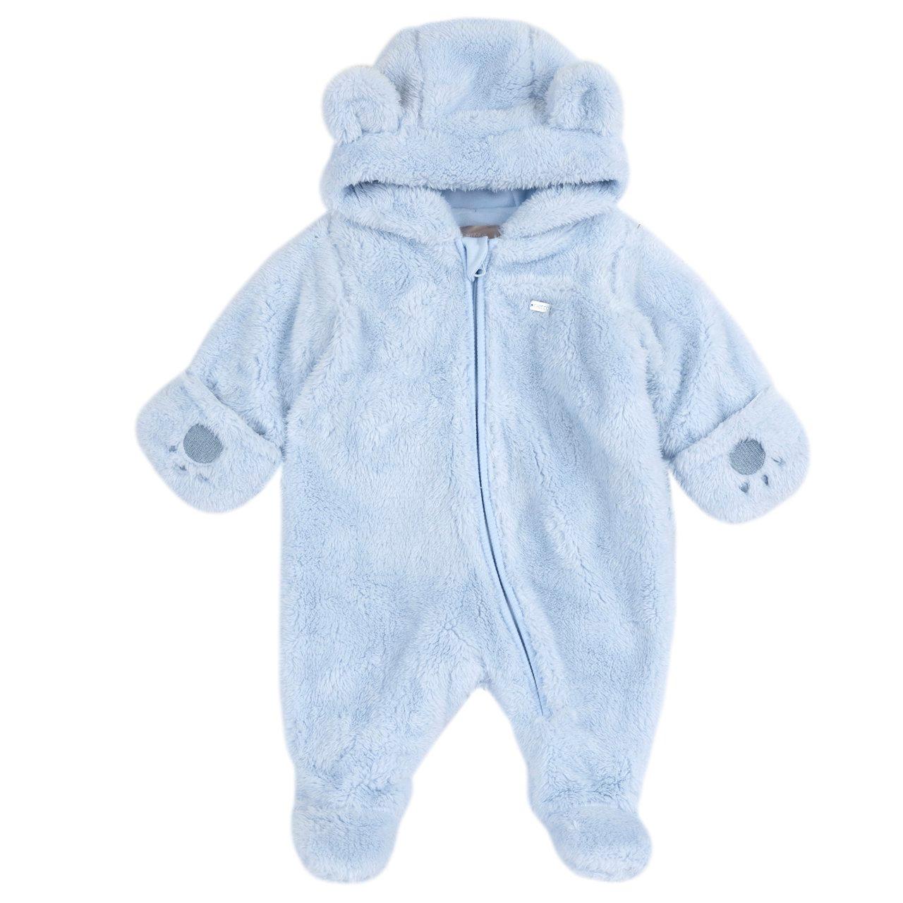 Tutina azzurra Chicco aperta davanti per neonato, in morbida ciniglia calda per autunno/inverno, con cappuccio e orecchie applicate, polsini risvoltabili coprimani e zip frontale. | Chicco