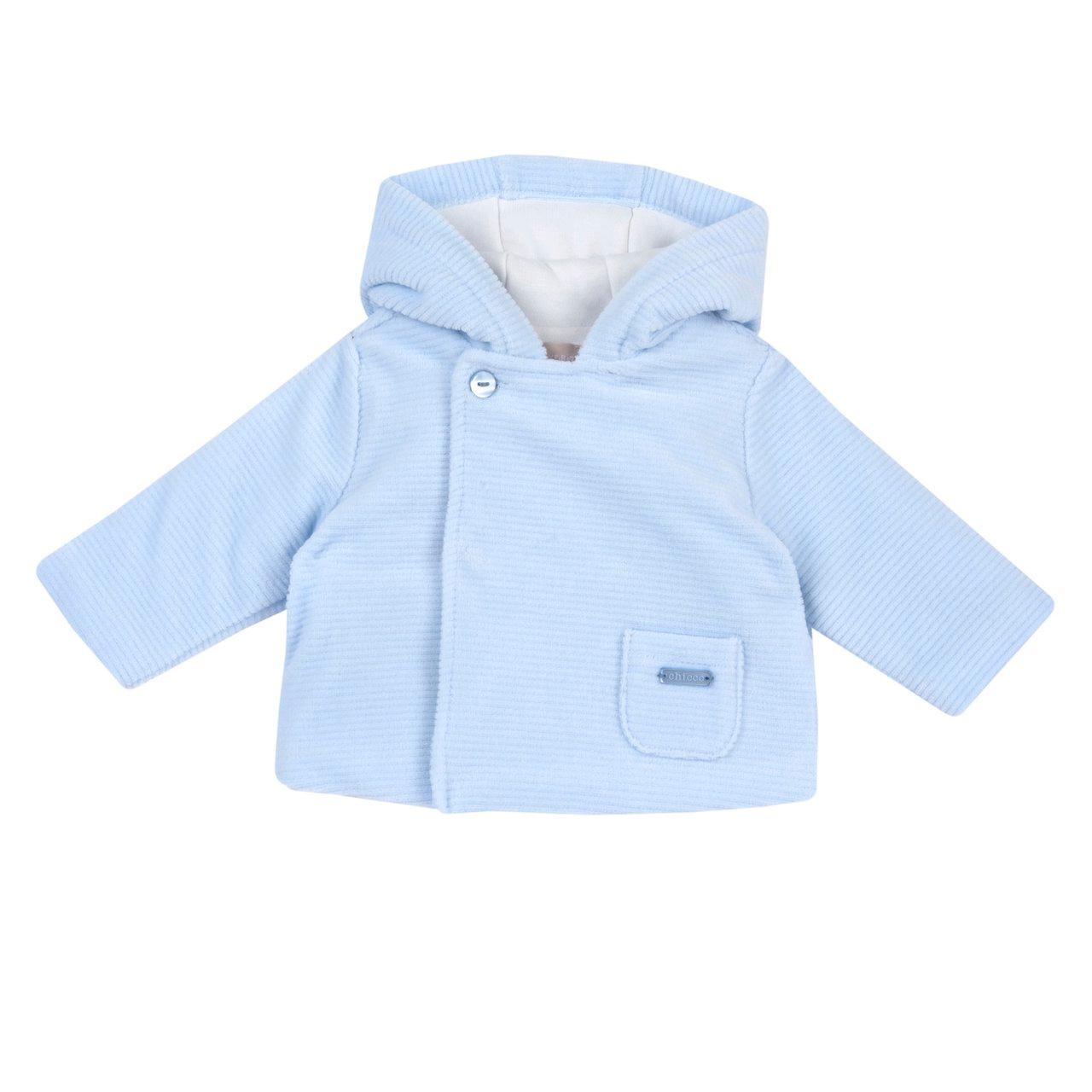 Cardigan azzurro in ciniglia jacquard Chicco con cappuccio per neonato, chiusura a bottoni e medaglietta madreperla, ideale per autunno/inverno. | Chicco