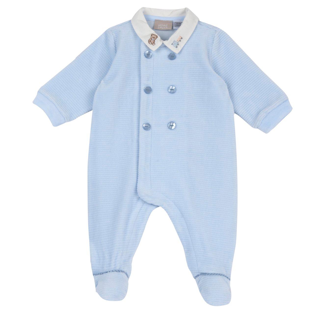 Tutina aperta davanti Chicco azzurra in ciniglia a coste per neonato, con colletto ricamato e stampa Principe di Galles, ideale per autunno/inverno. | Chicco