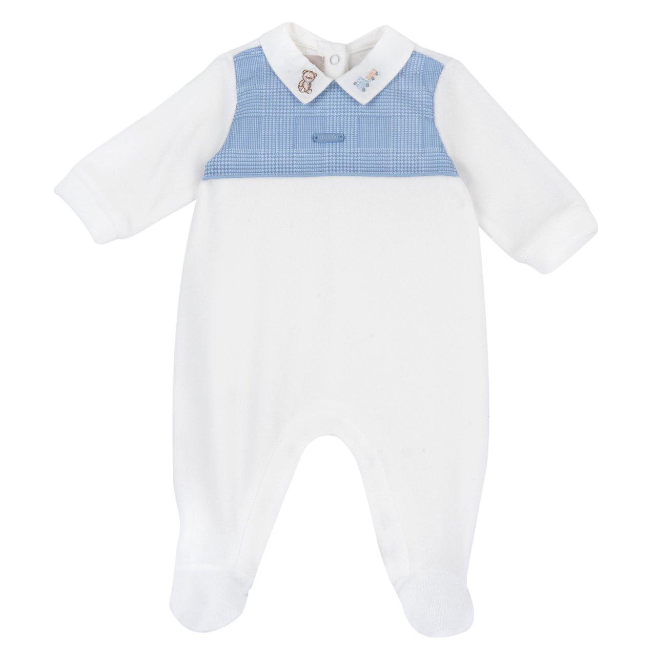 Tutina in ciniglia Chicco azzurra per neonato, con apertura interna gamba e retro, collo in popeline con ricami Principe di Galles e stampa antiscivolo. | Chicco