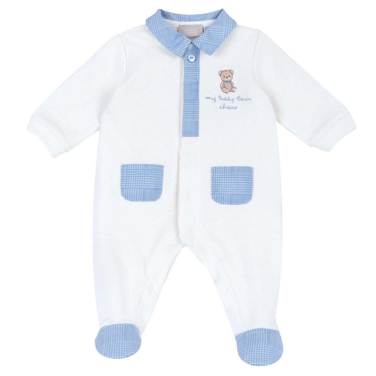 Tutina Chicco azzurra aperta davanti per neonato, in felpa elasticizzata con colletto e dettagli Principe di Galles, grafica ricamata e bottoni automatici. | Chicco