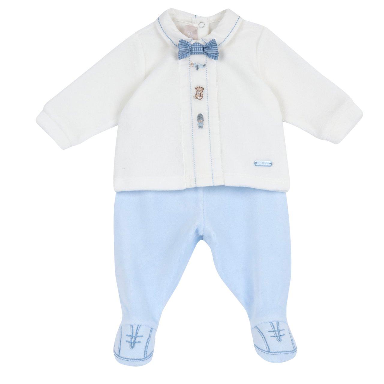 Completo Chicco azzurro in ciniglia per neonato, maglia con colletto in popeline e papillon ricamato, pantaloni con piedini e ricamo a scarpetta, ideale autunno/inverno. | Chicco