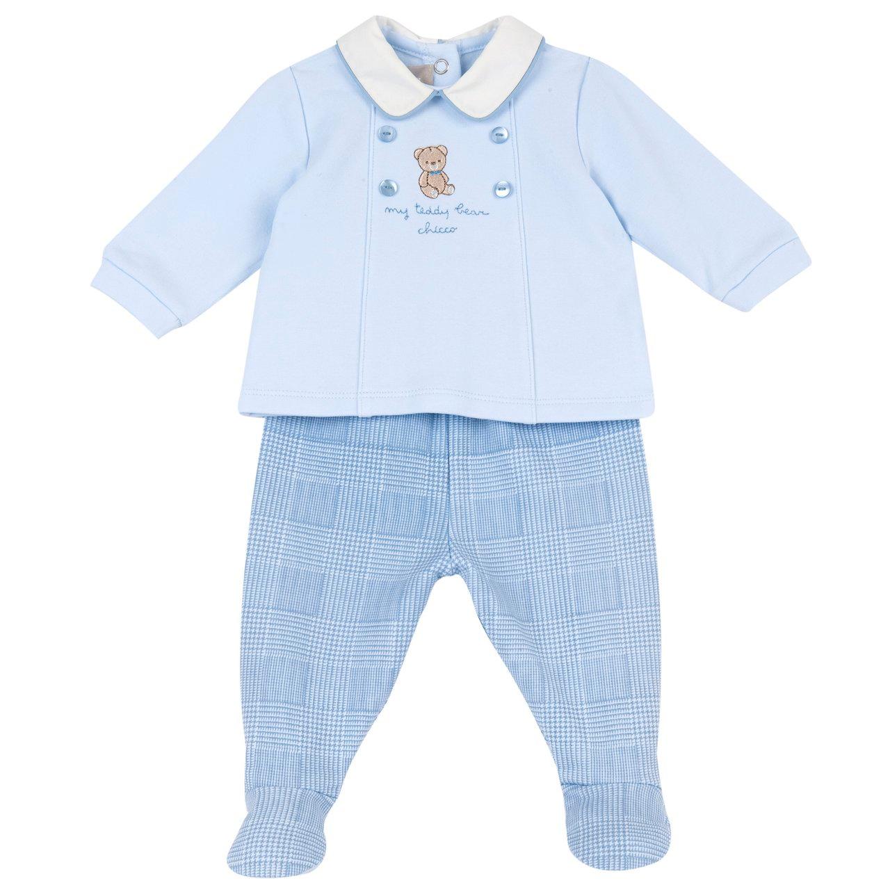 Completo azzurro Chicco per neonato in felpa elasticizzata, con maglia a colletto in popeline di cotone e pantaloni con stampa principe di Galles. | Chicco
