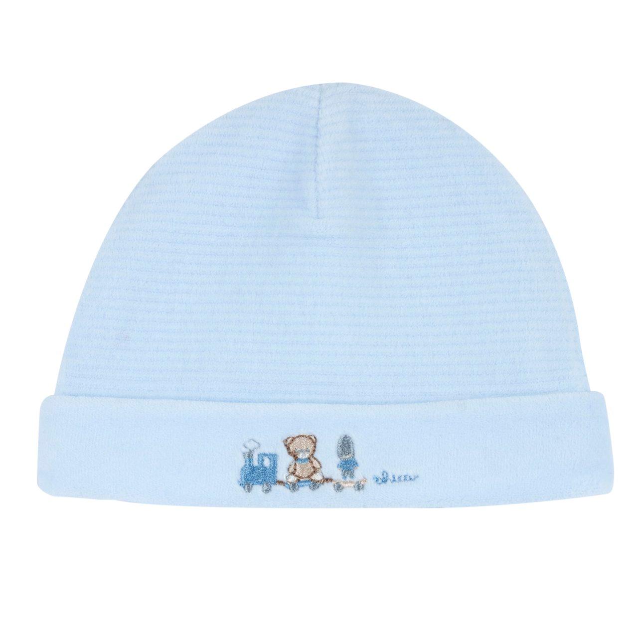Cappello Chicco con risvolto in ciniglia jacquard azzurra, grafica ricamata, ideale per neonati autunno/inverno, certificato Oeko-Tex. | Chicco