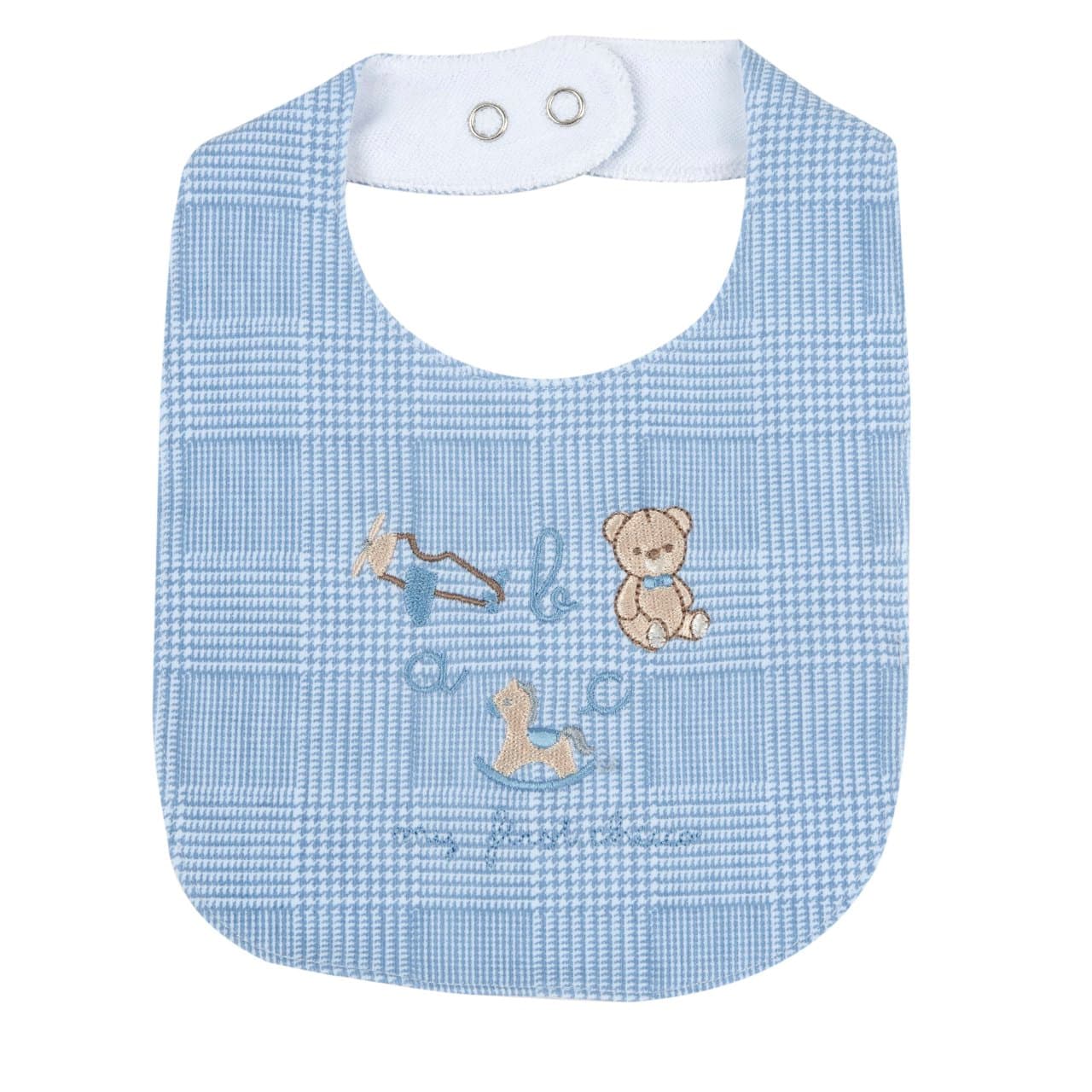 Bavaglino Chicco azzurro in felpa elasticizzata con stampa Principe di Galles, grafica ricamata e chiusura automatica regolabile, ideale per autunno/inverno. | Chicco