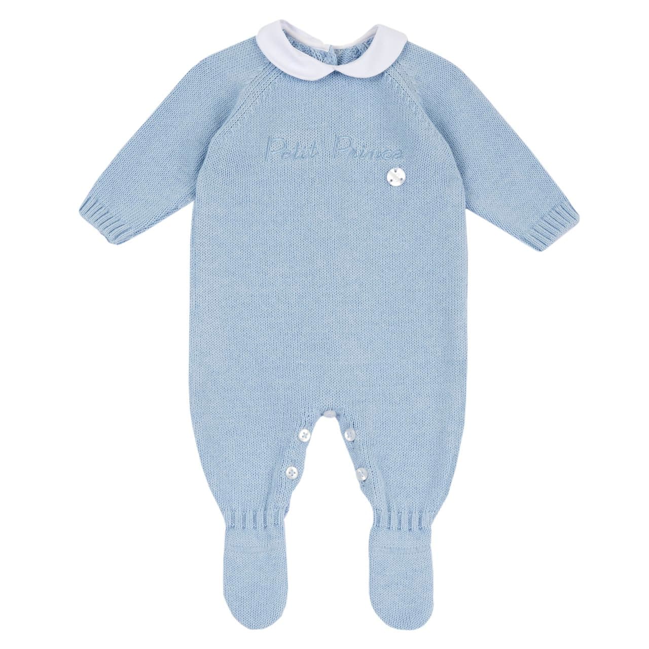 Tutina Chicco azzurra in maglia per neonato, con collo bianco in cotone, grafica ricamata e medaglietta madreperla, ideale per autunno/inverno. | Chicco