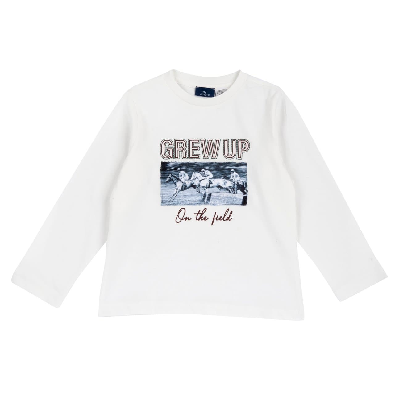 Maglietta a manica lunga Chicco bianca in jersey 100% cotone con grafica fotografica effetto velluto e dettagli in rilievo, collezione autunno/inverno. | Chicco
