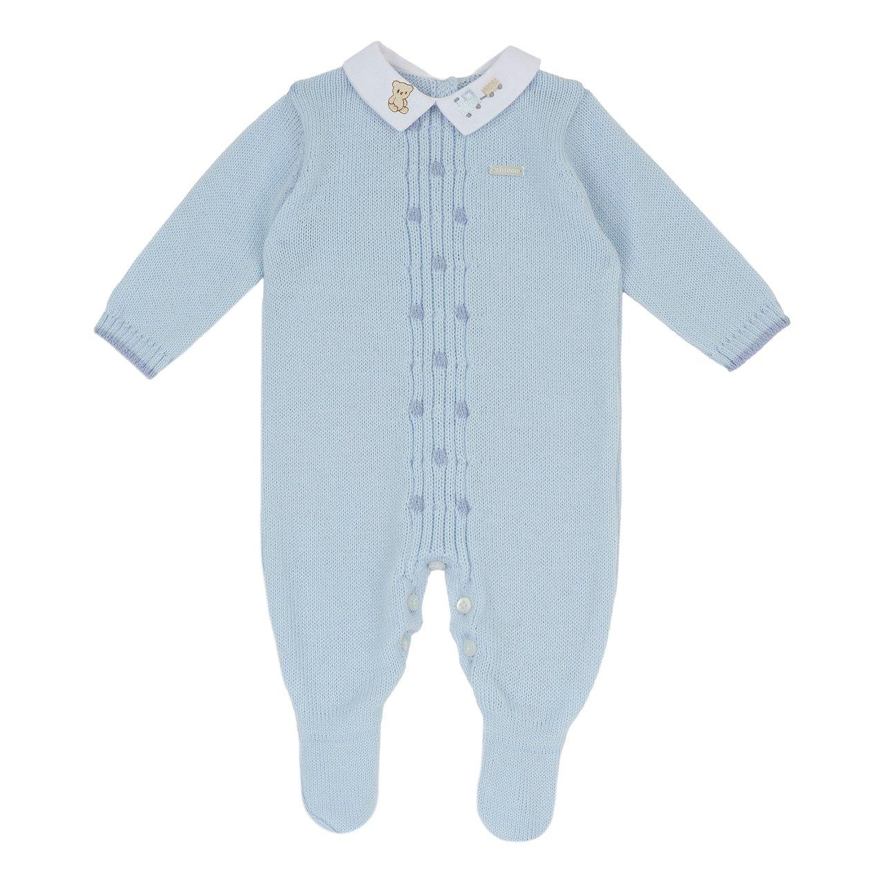 Tutina azzurra in pura lana Chicco per neonato, con colletto ricamato e apertura interna gamba, ideale per autunno/inverno. | Chicco