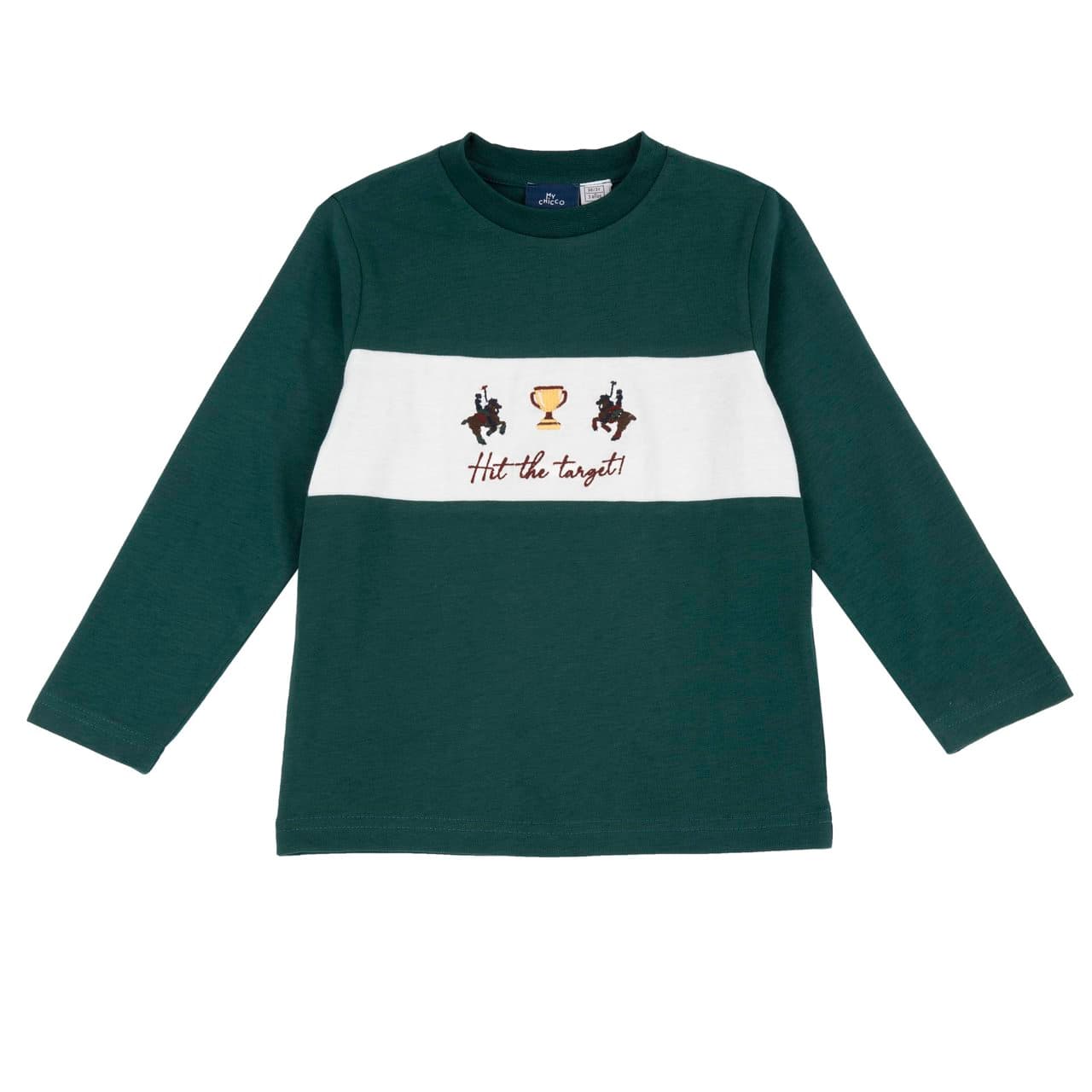 Maglietta a manica lunga Chicco verde in jersey 100% cotone con grafica ricamata, ideale per neonati e bambini. | Chicco