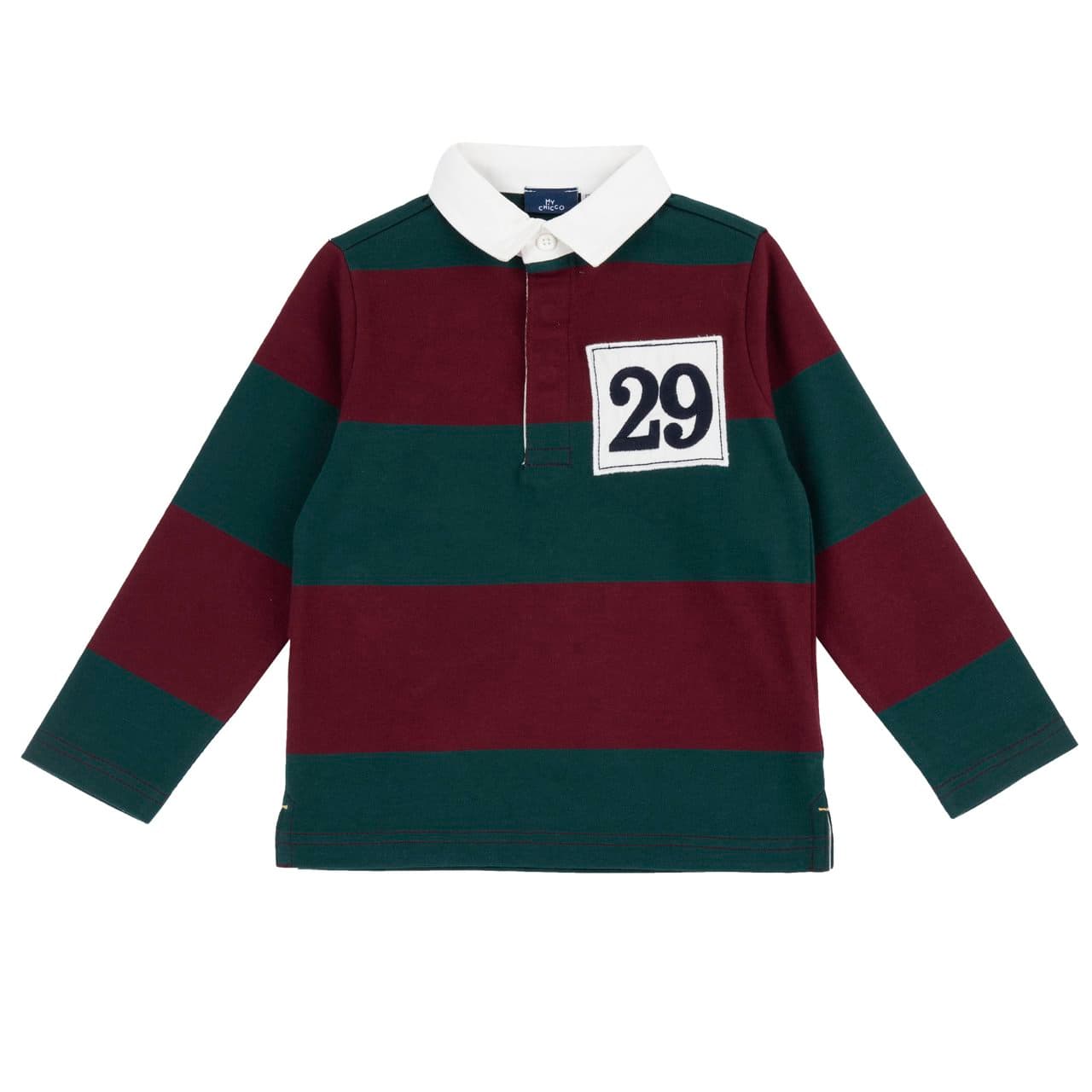 Polo a manica lunga da bambino Chicco in jersey di cotone rigato verde, con colletto in gabardine, bottoni nascosti e ricamo sul petto. | Chicco