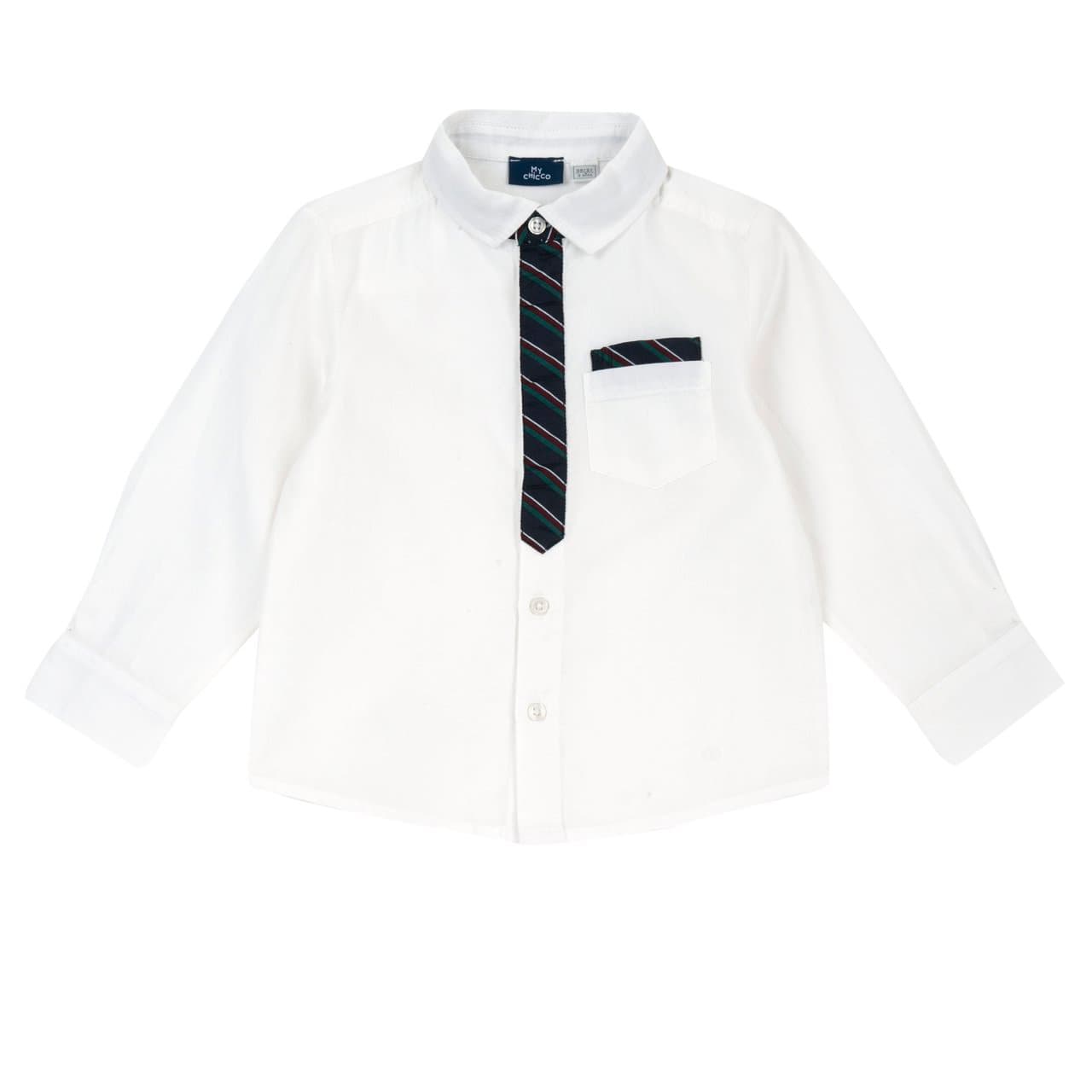 Camicia a manica lunga Chicco bianca in micro oxford 100% cotone per bambino, con bottoni, asole e fantasia regimental, ideale per autunno/inverno. | Chicco