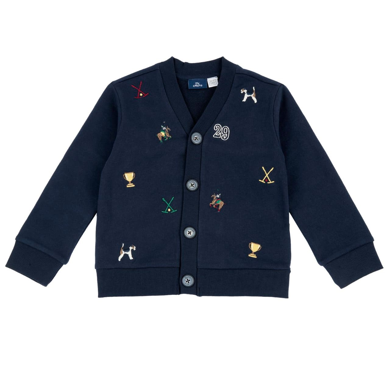 Cardigan Chicco blu in felpa non garzata per bambino, con chiusura frontale a bottoni e ricami, ideale per l'autunno/inverno. | Chicco