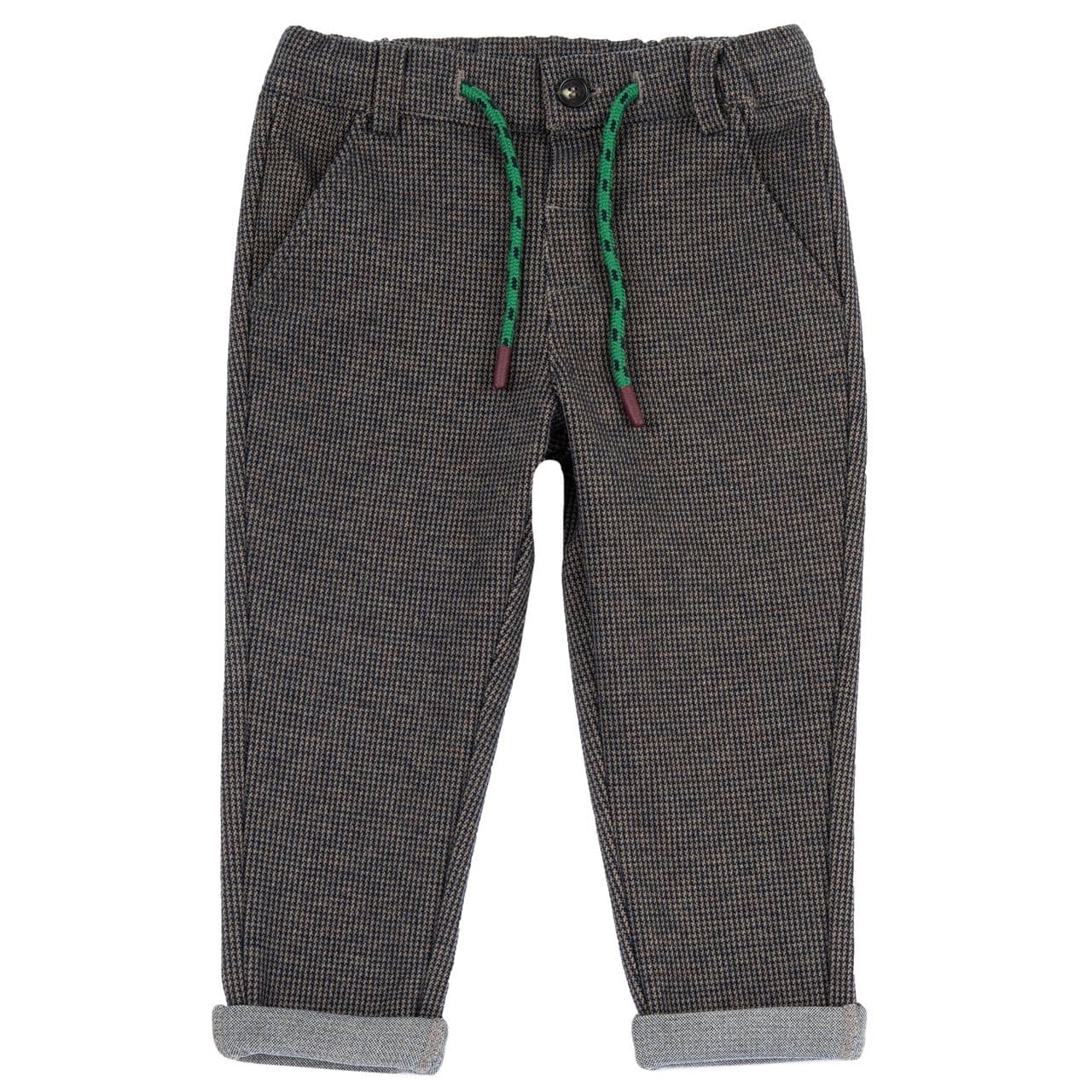 Pantaloni lunghi Chicco marrone in interlock elasticizzato a microfantasia tinto filo, con vita regolabile e bottone automatico, ideali per l'autunno/inverno. | Chicco