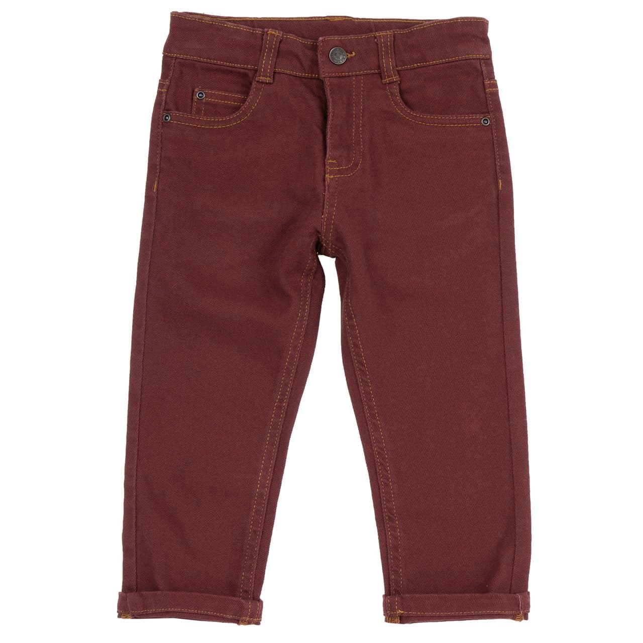 Pantaloni lunghi da bambino Chicco rossi in gabardine di cotone elasticizzato con vita regolabile e cuciture a contrasto. | Chicco