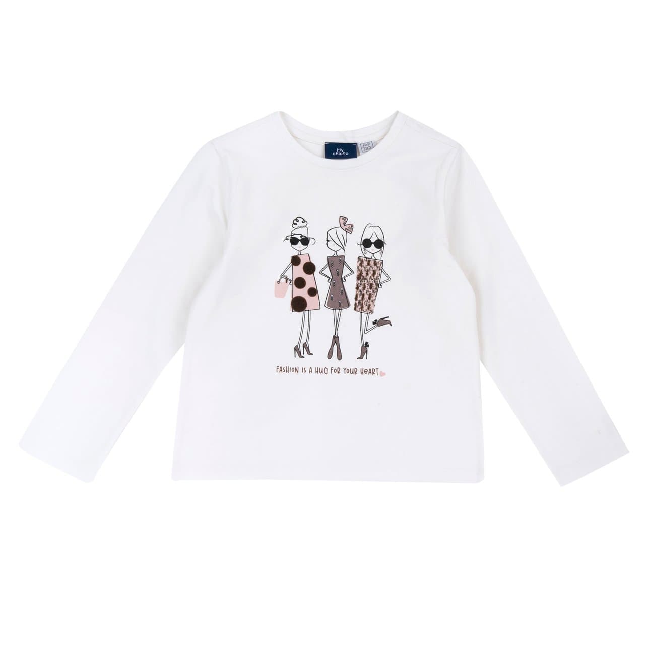 Maglietta a manica lunga Chicco bianca in jersey di cotone elasticizzato per bambina, con stampa effetto velluto e certificazione Oeko-Tex. | Chicco