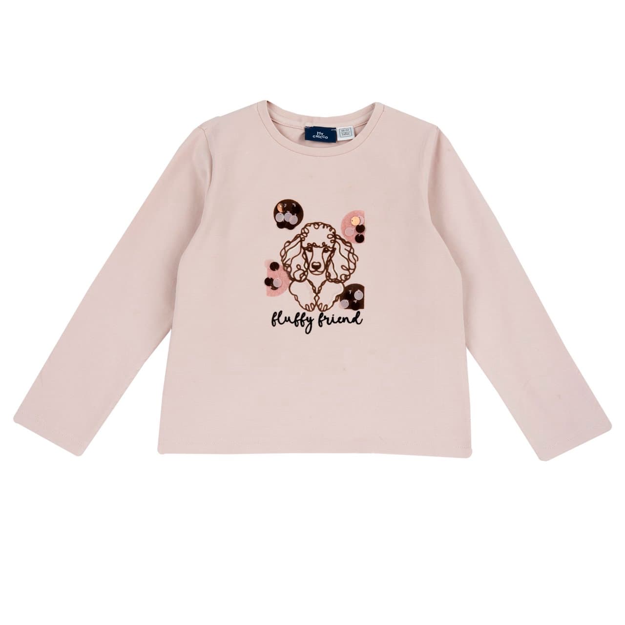Maglietta a manica lunga Chicco rosa in jersey elasticizzato di cotone per bambina, con stampa effetto velluto e paillettes rotonde. | Chicco