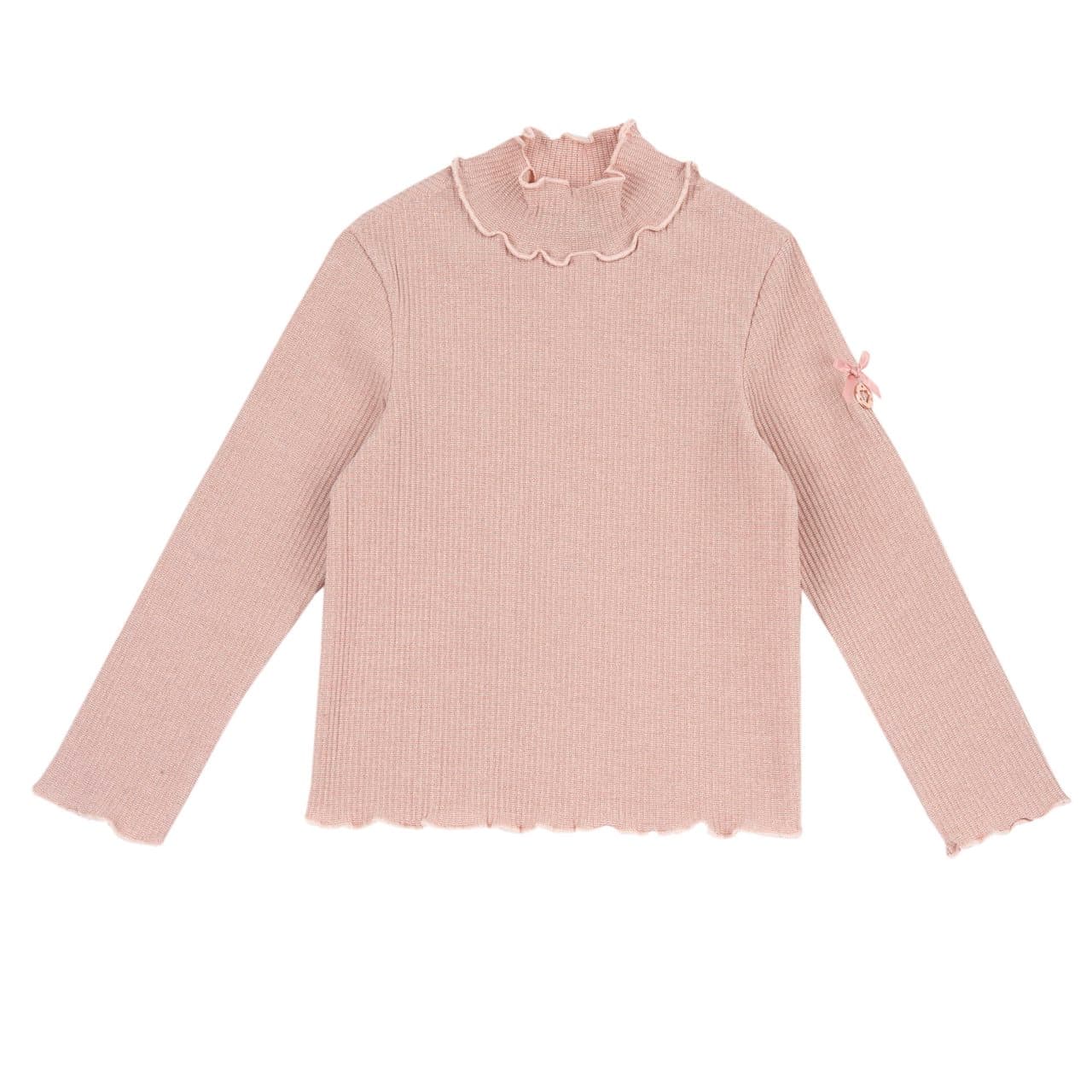 Maglietta a manica lunga rosa Chicco per bambina con collo lupetto elasticizzato e filato luminoso, bordi con frill e medaglietta cuore sulla manica. | Chicco