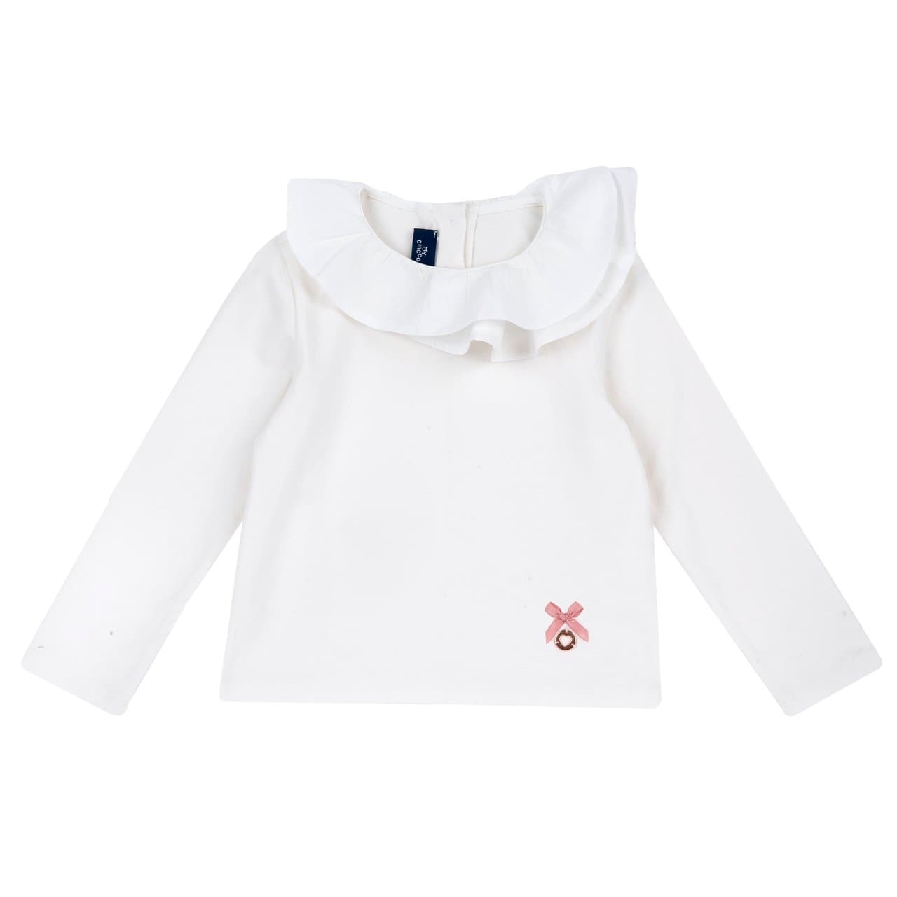 Maglietta a manica lunga Chicco bianca in jersey di cotone elasticizzato per bambina, con collo a corolla in popeline e medaglietta cuore. | Chicco