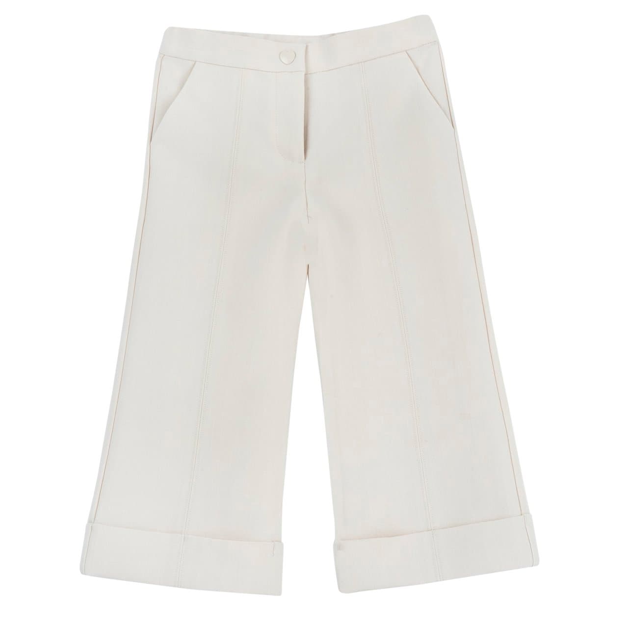 Pantaloni lunghi bianchi da bambina Chicco in cady effetto twill, con gamba ampia, risvolti, tasche e vita elasticizzata regolabile. | Chicco