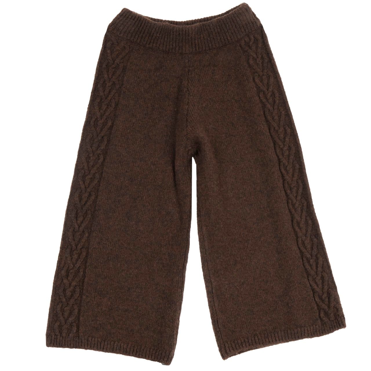 Pantaloni lunghi da bambina Chicco marroni in maglia misto lana con gamba ampia e lavorazione a treccia sui lati, ideali per l'autunno/inverno. | Chicco