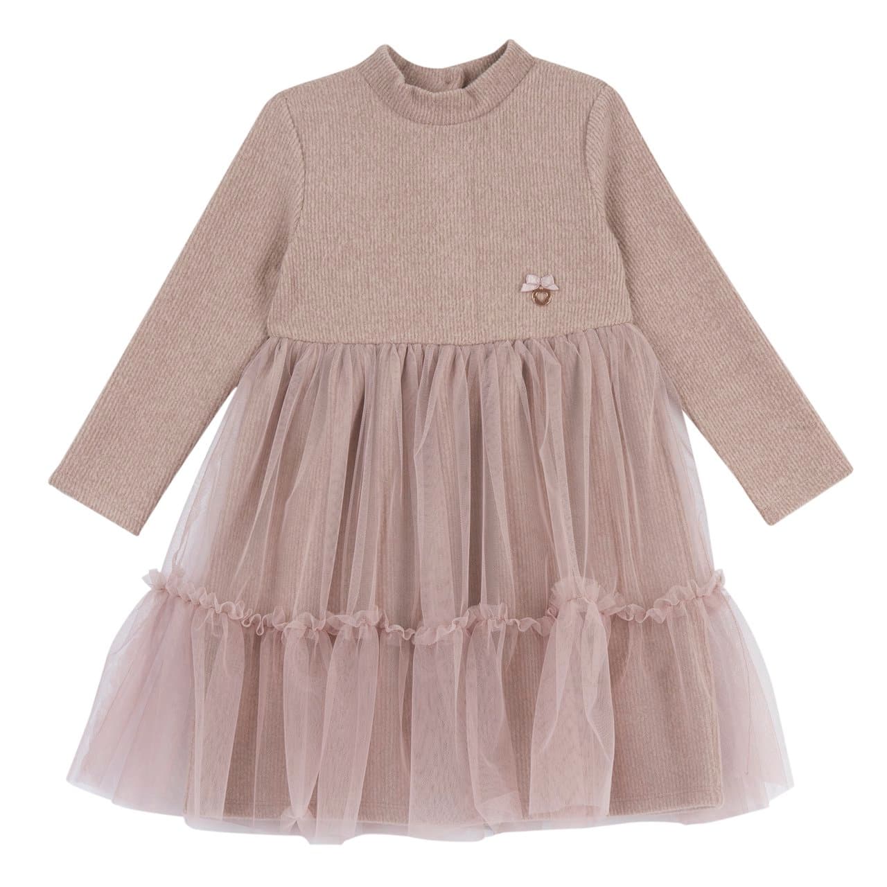 Vestito rosa Chicco a manica lunga per bambina con gonna in tulle, balza, medaglietta a cuore e fiocco in raso, ideale per feste. | Chicco