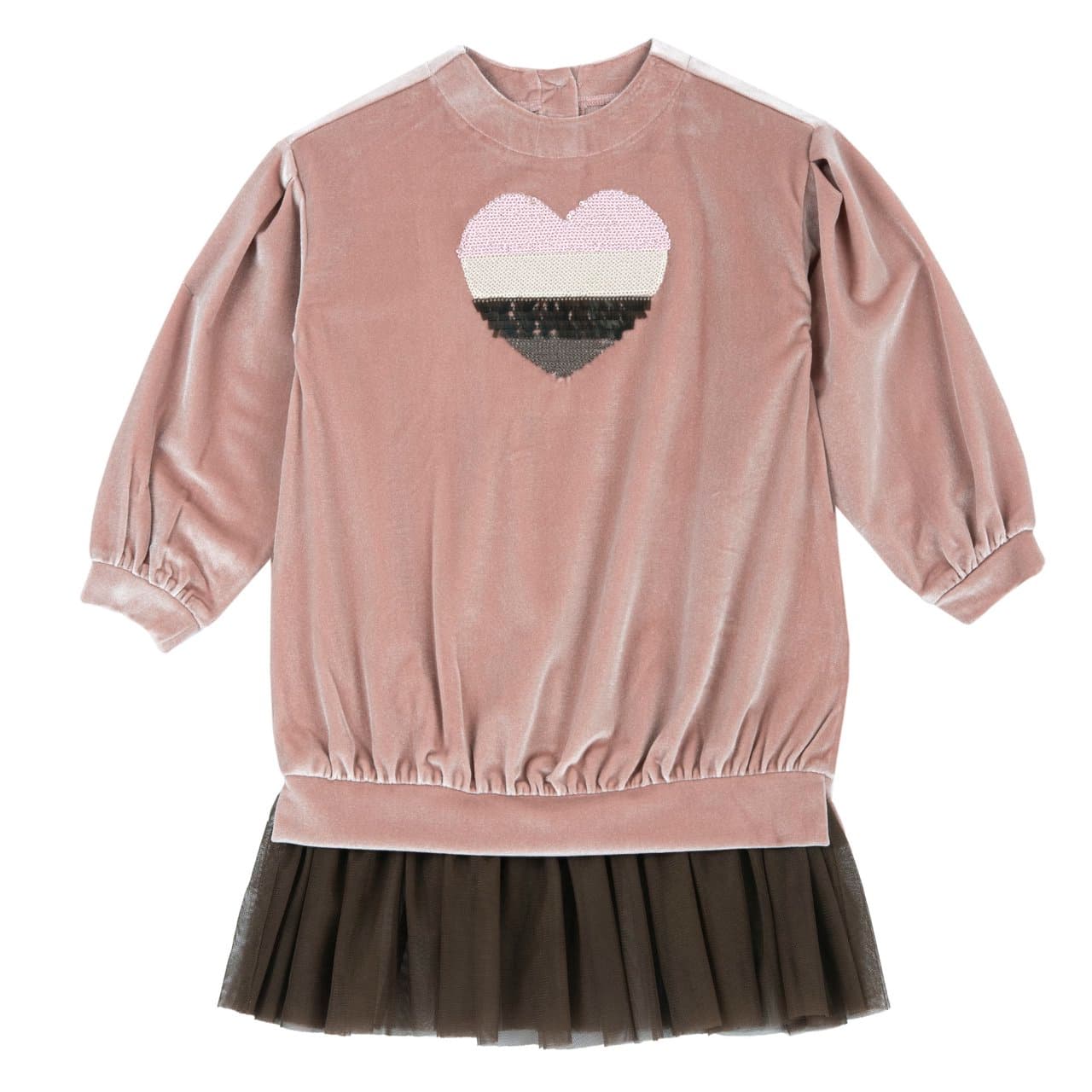 Vestito Chicco rosa in velluto lucido elasticizzato per bambina, con gonnellina in tulle e applicazione a cuore con paillettes, ideale per autunno/inverno. | Chicco