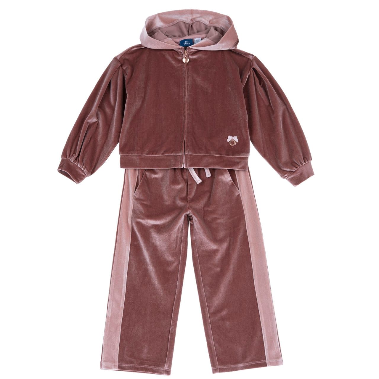 Completo felpa con cappuccio zippata e pantaloni da bambina Chicco in velluto lucido elasticizzato rosa, con dettagli a cuore e fiocco in raso. | Chicco