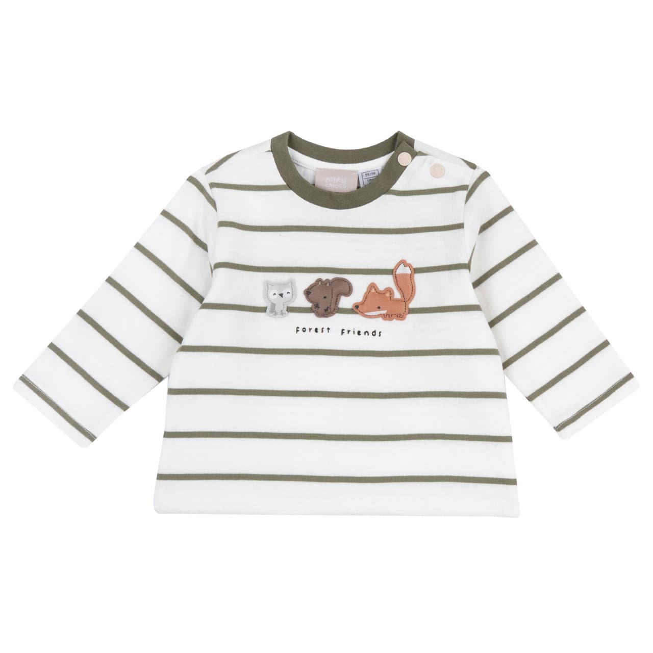 Maglietta a manica lunga Chicco grigia in cotone tinto filo a righe con animaletti applicati e scritta stampata, chiusura con bottoni sulla spalla. | Chicco