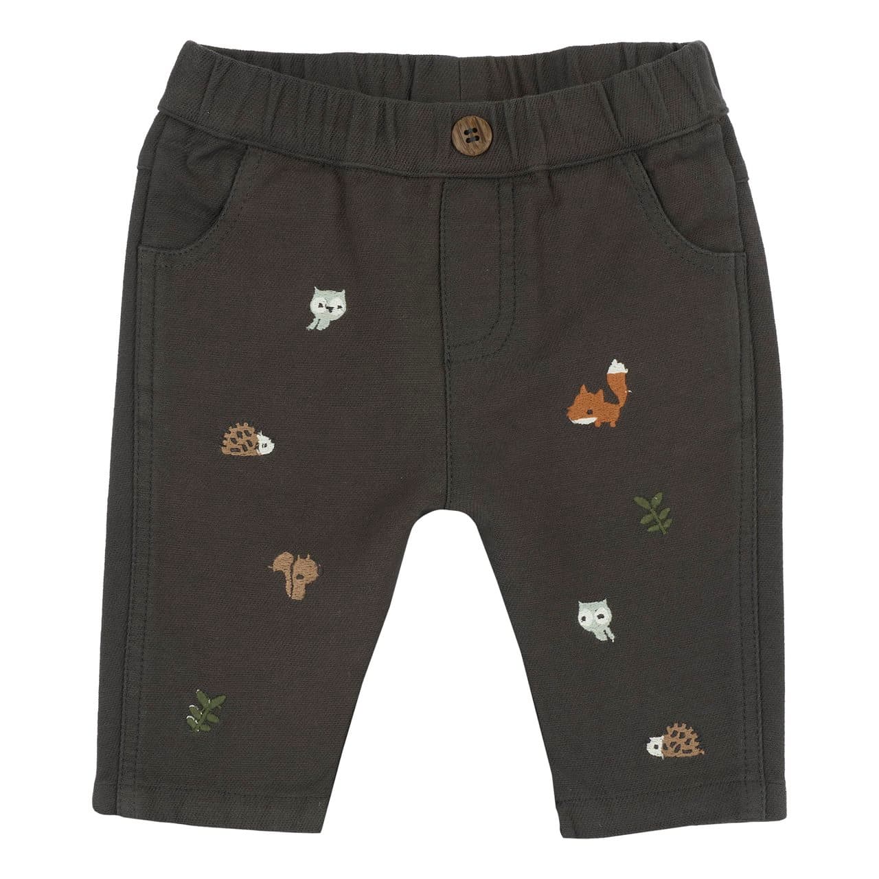Pantaloni lunghi Chicco grigi in twill di cotone elasticizzato con vita elasticizzata e ricami di animali del bosco sul davanti, ideali per l'autunno/inverno. | Chicco
