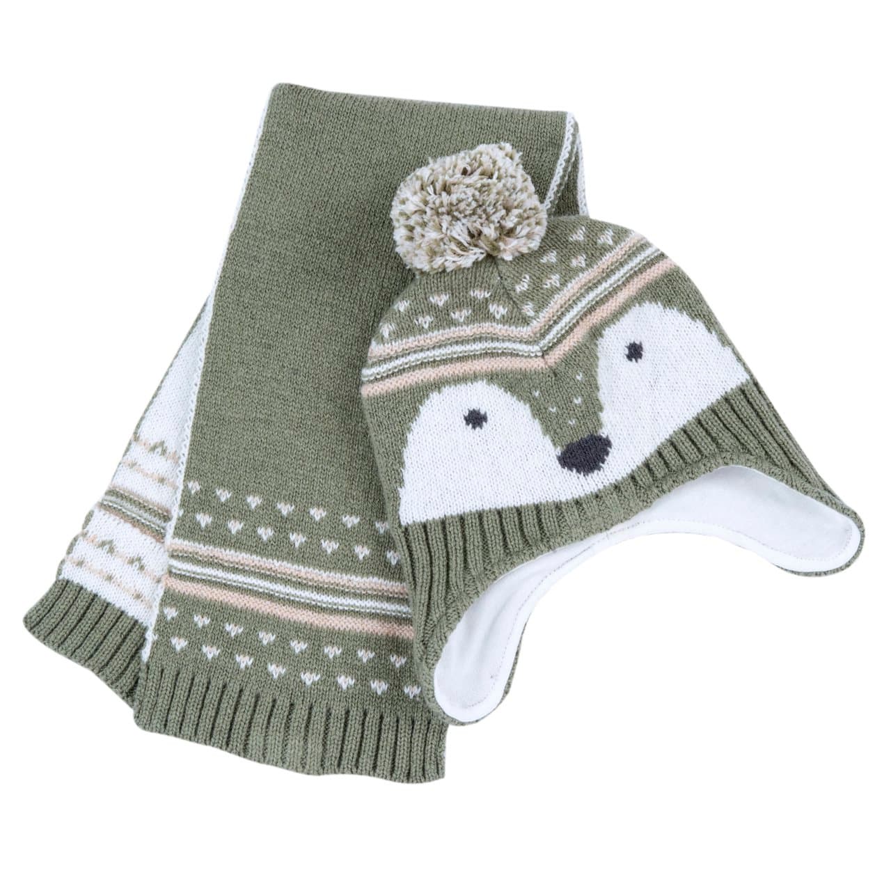 Set cappello con sciarpa Chicco in maglia jacquard misto lana verde per neonato, con paraorecchie e pon pon, muso di volpe. | Chicco