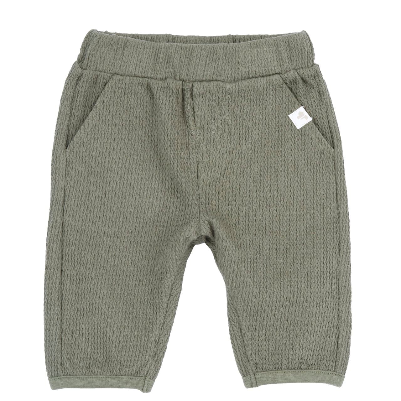 Pantaloni lunghi Chicco verdi in maglia con motivo a trecce, vita elasticizzata e stampa scoiattolo, ideali per neonati autunno/inverno. | Chicco