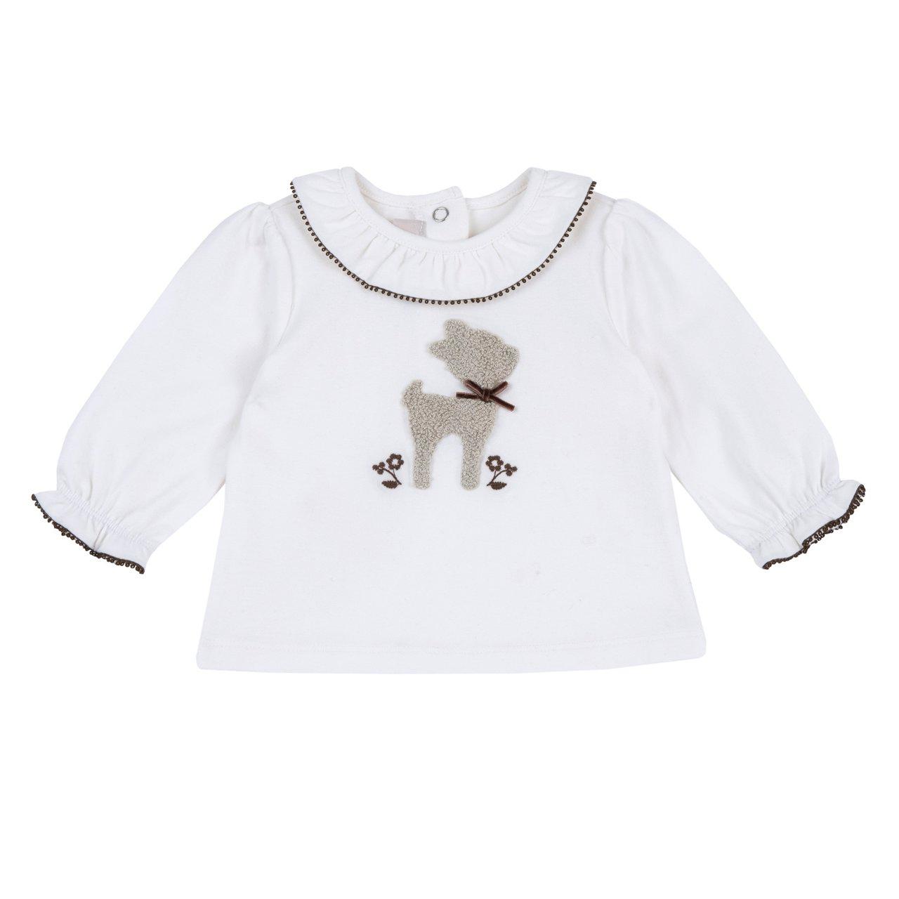 Maglietta a manica lunga Chicco bianca per bambina con ricamo a punto spugna di cerbiatto, fiocco in velluto e dettagli decorativi su collo e polsini. | Chicco