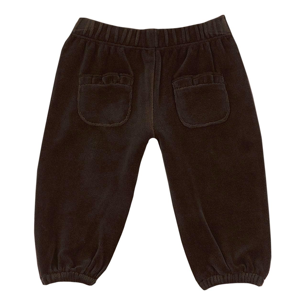 Pantaloni lunghi da bambina Chicco in ciniglia elasticizzata marrone, con vita elasticizzata e tasche applicate con rouches, ideali per l'autunno/inverno. | Chicco