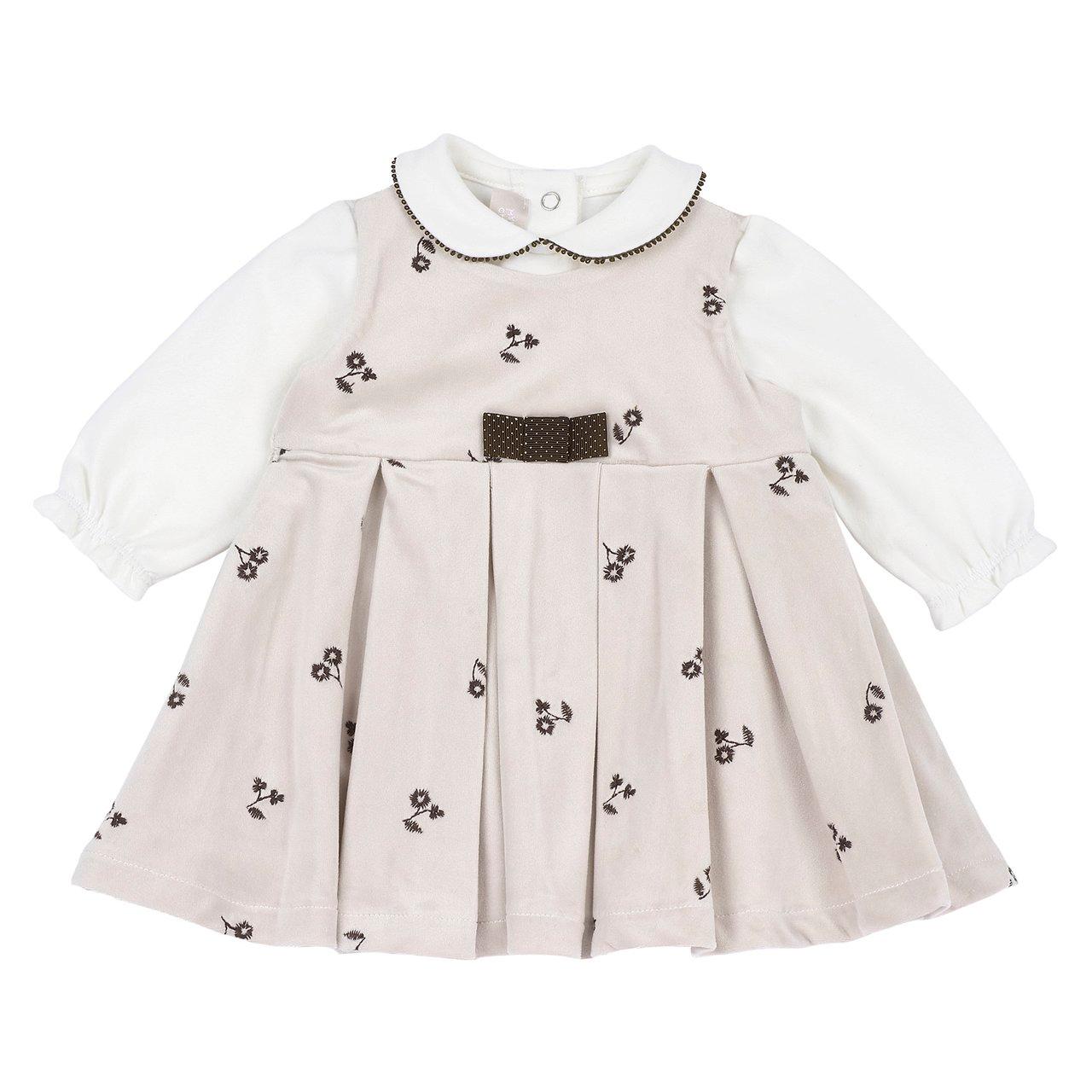 Completo abito smanicato con maglietta Chicco per bambina, bianco, in velluto liscio ricamato con dettagli floreali e fiocco a pois, abbinato a maglia a maniche lunghe in jersey stretch con colletto baby. | Chicco