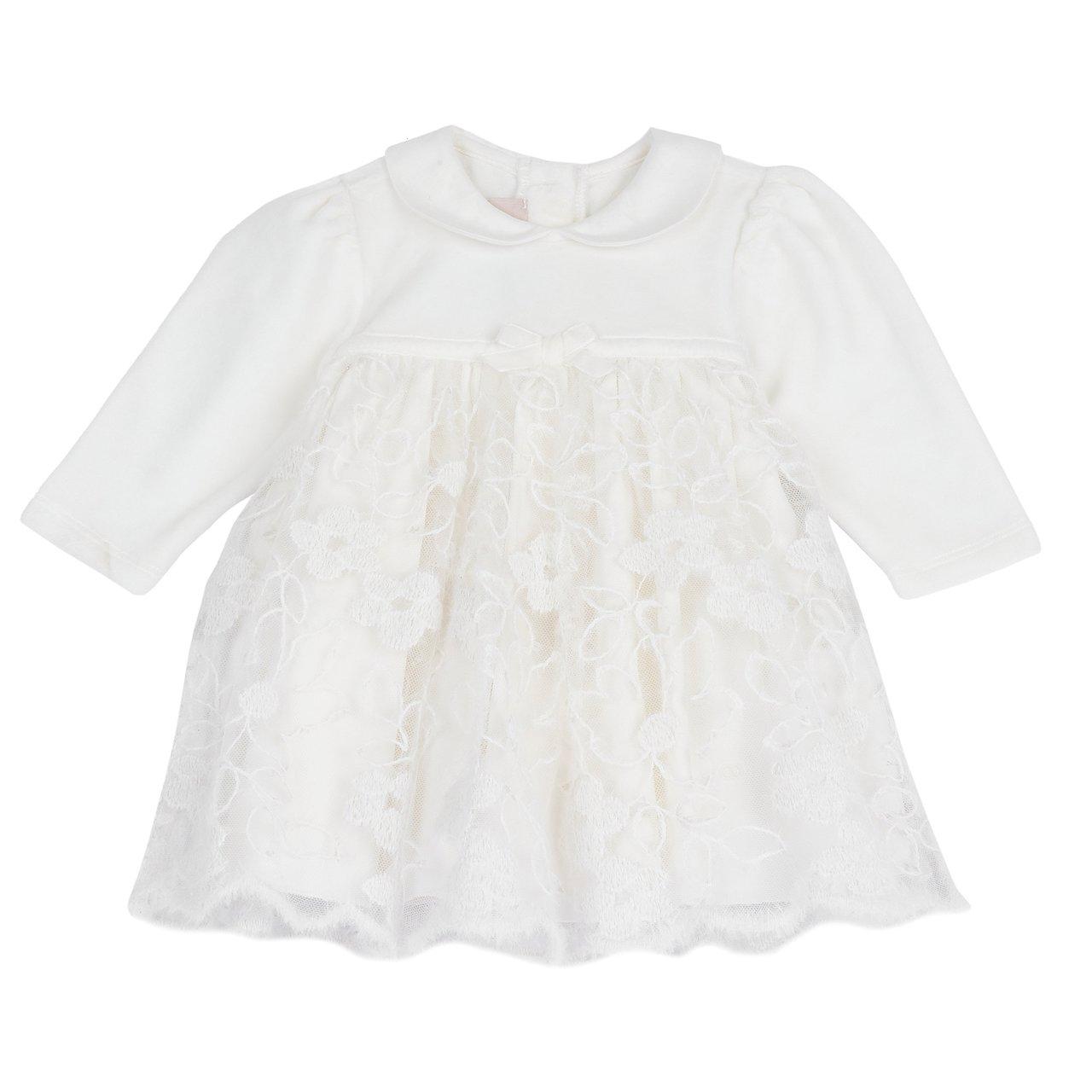 Vestito elegante a manica lunga Chicco per bambina in bianco, con dettagli in raso, ciniglia elasticizzata, tulle ricamato e fiocco in velluto. | Chicco