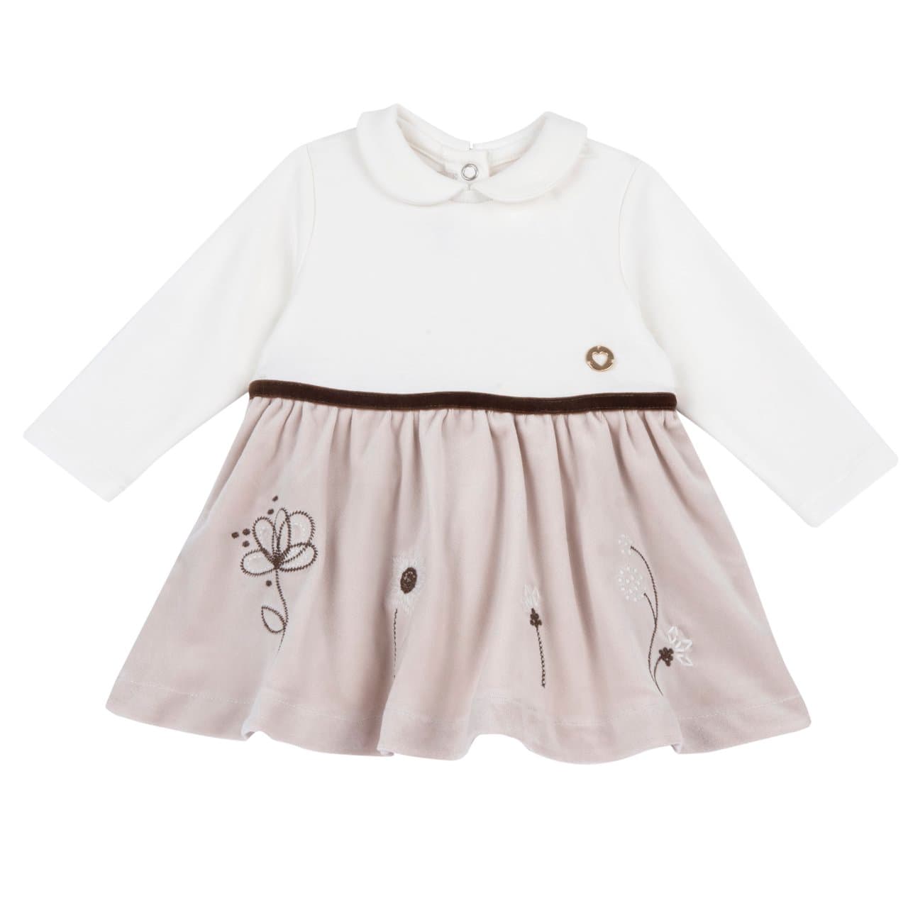 Vestito manica lunga Chicco per bambina in interlock elasticizzato con gonna in velluto bianco, collo baby e ricamo floreale. | Chicco