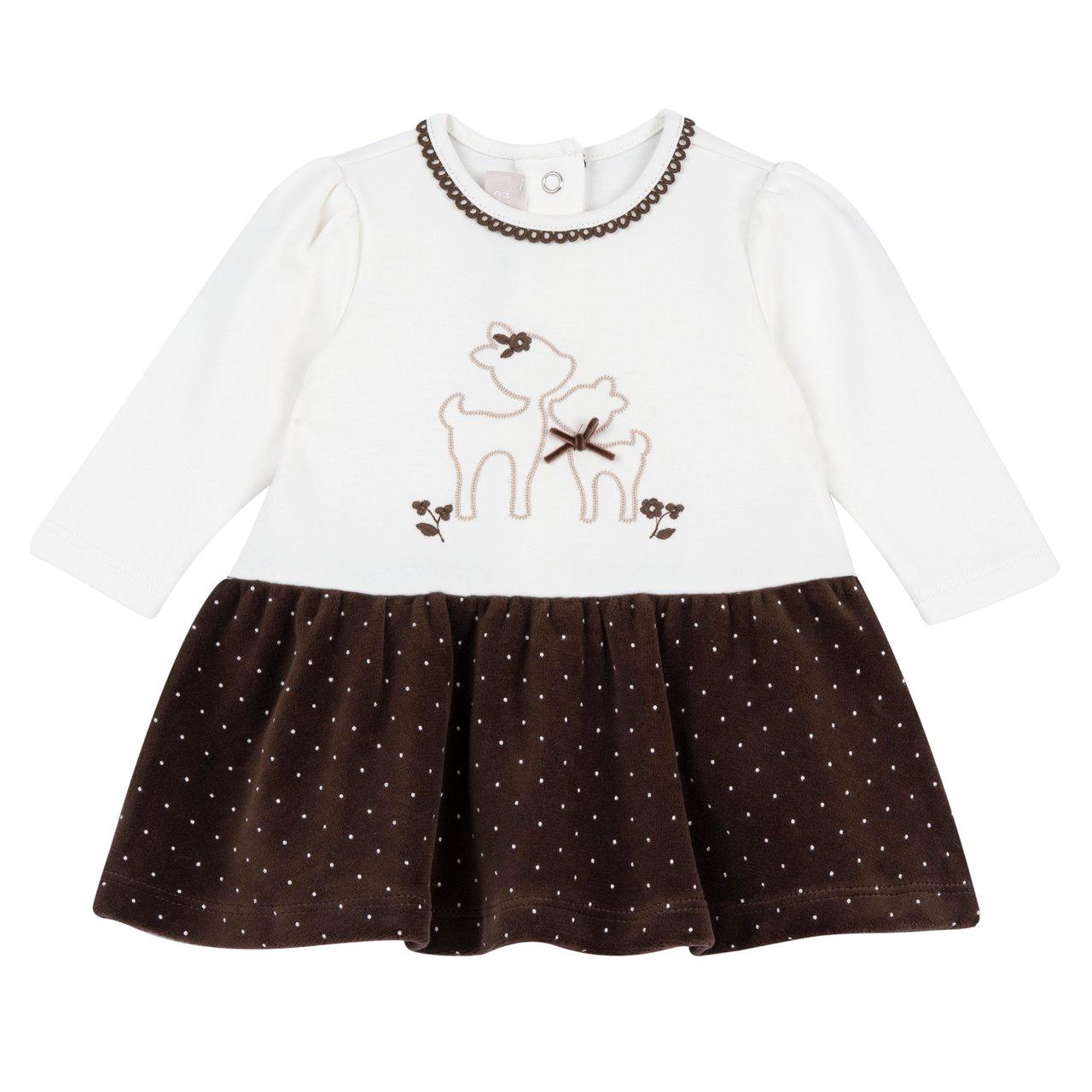Vestito Chicco a manica lunga per bambina in ciniglia marrone a micro pois, con ricamo di cerbiatti e fiocchetto in velluto. | Chicco