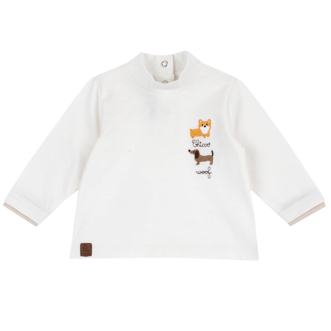 Maglietta manica lunga Chicco per bambino con collo lupetto in jersey di cotone bianco, inserti a contrasto sui polsini e ricami sul petto. | Chicco