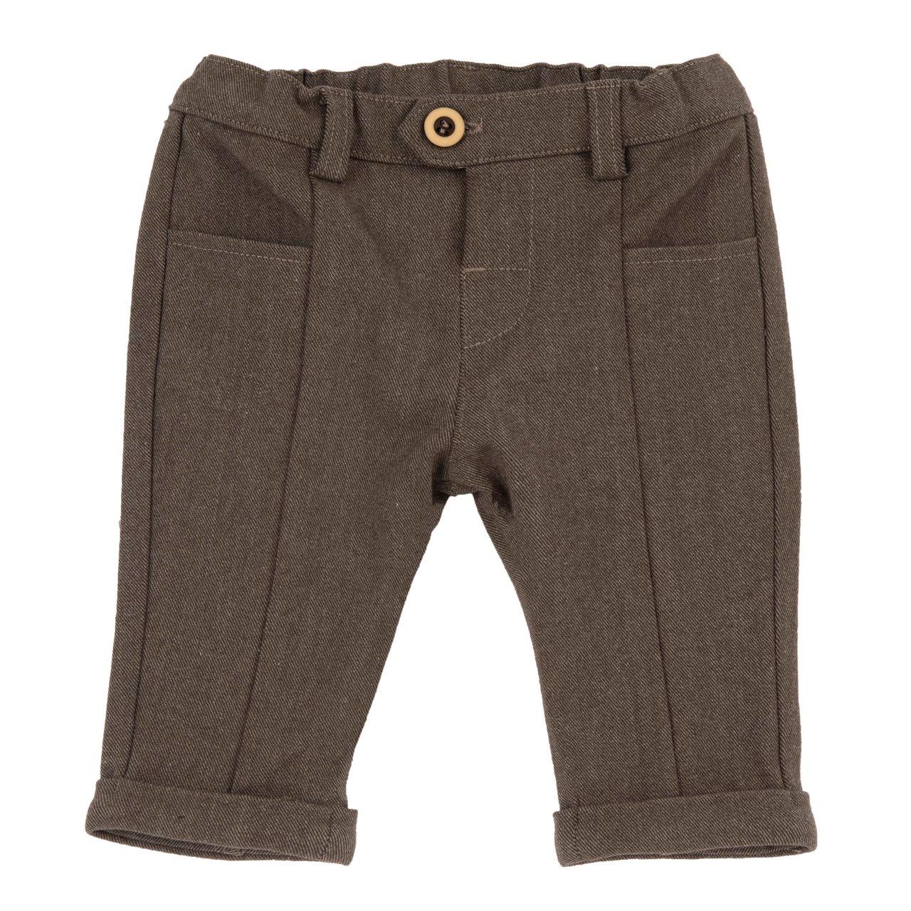 Pantaloni lunghi Chicco marrone in flanella twill elasticizzata tinto filo, con vita regolabile, bottoni effetto legno e risvolti. | Chicco